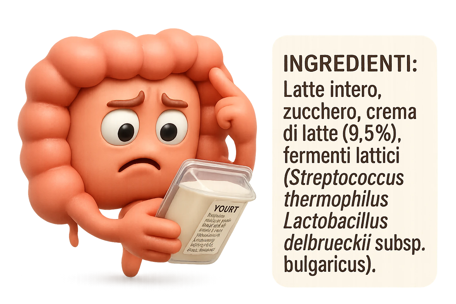 EMOJI STILE IPHONE 3D DI UN INTESTINO CHE HA IN MANO UN BARATTOLO DI YOGURT CONFEZIONATO DA SUPERMERCATO E LEGGE L'ETICHETTA NUTRIZIONALE CON GLI INGREDIENTI IN ITALIANO, ACCANTO ALLO YOGURT CHE HA IN MANO C'è UN FOCUS SULL'ETICHETTA CON GLI INGREDIENTI SCRITTI, FAGLI UN ESPRESSIONE CONFUSA MENTRE LEGGE E FALLO MOLTO REALISTICO IN 3D emoji