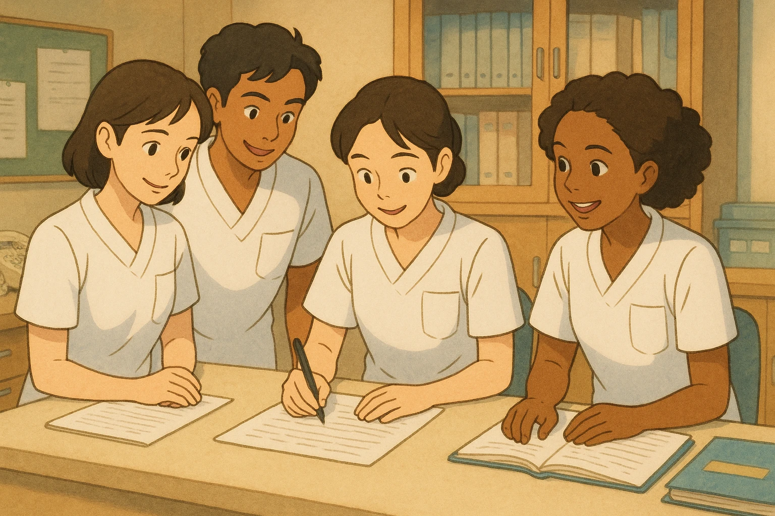 Four nursing students inspired by new photos, working together in a care station, Ghibli style, white short-sleeve medical tunics with V-neck and left chest pocket, no collars, no stethoscopes, no clothing extending from sleeves, professional and warm atmosphere. emoji