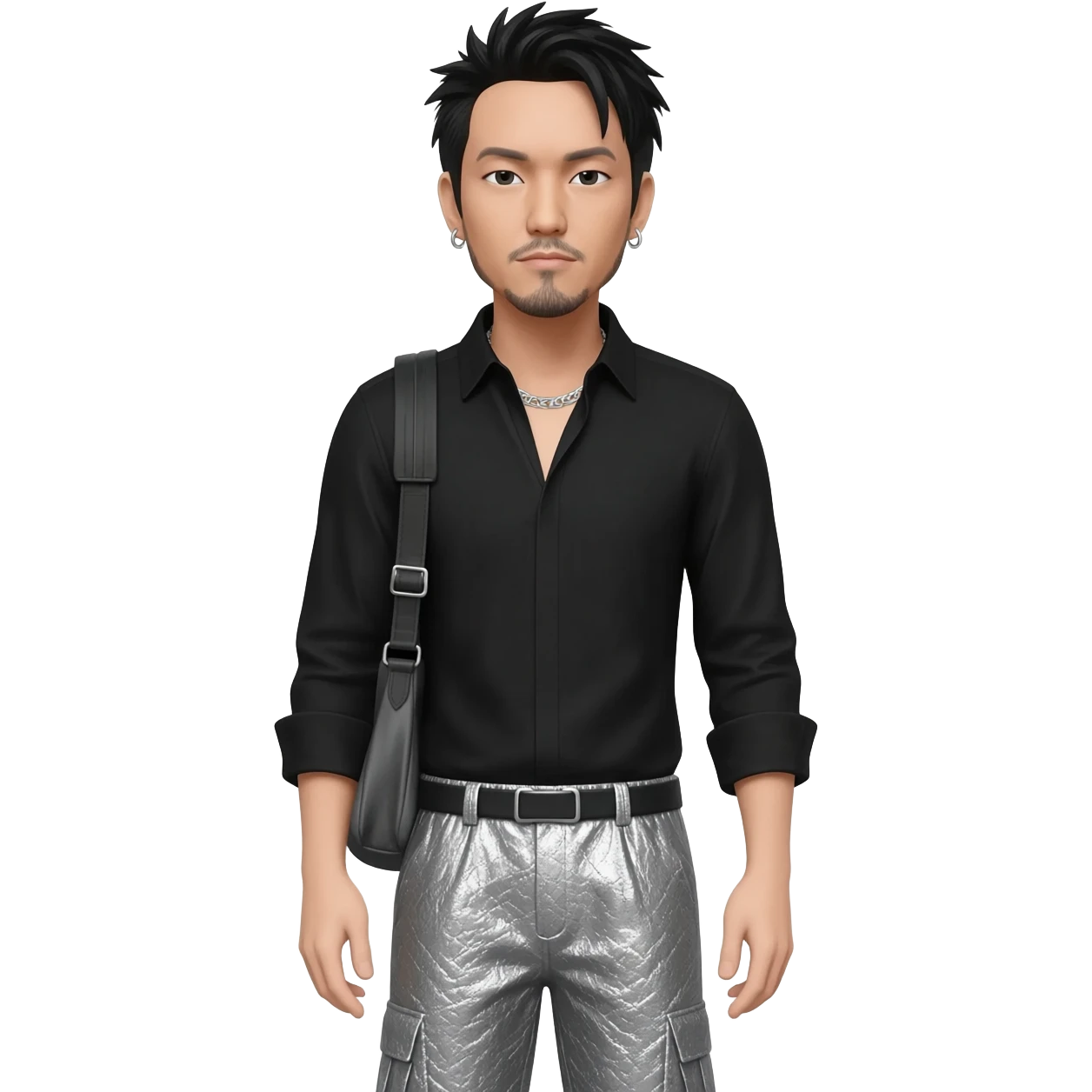 Mike Shinoda with black hair, black shirt, grey metallic baggy pants, silver necklace emoji