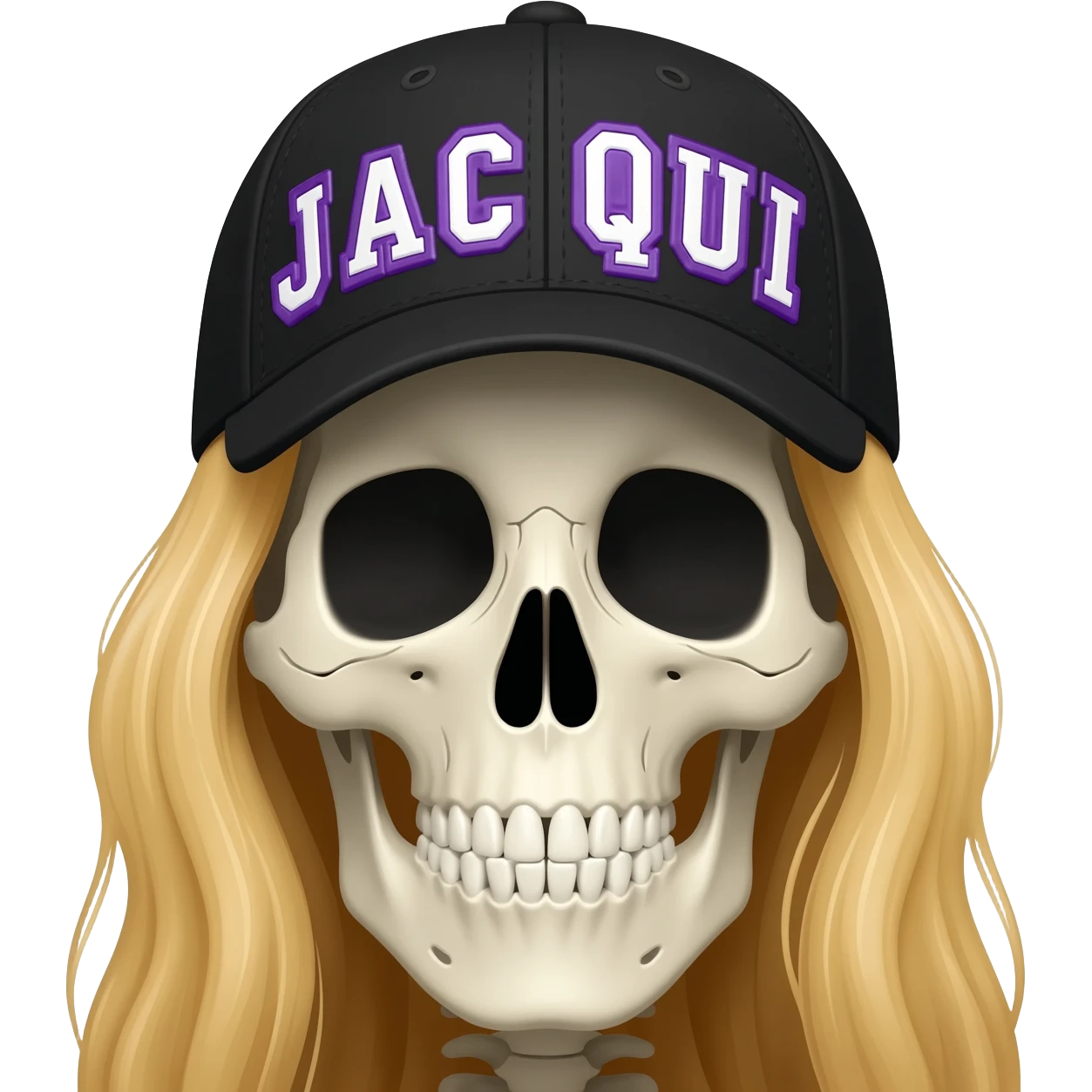 Create a skeleton head wearing a black baseball cap that says " J A C Q U I " in purple, and white lettering, with long blonde hair emoji