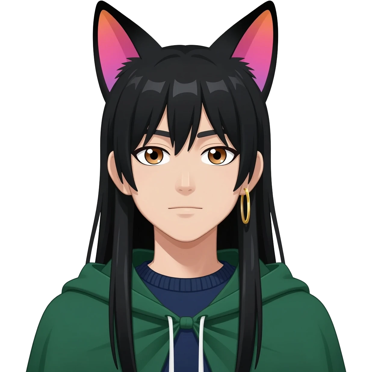 anime man with long-straight-dark-black hair, long black fox ears with pink Scapha, colorful-gradient-brown-turquoise eyes, gold earring, dark-blue-sweater, green cape, white pupils emoji