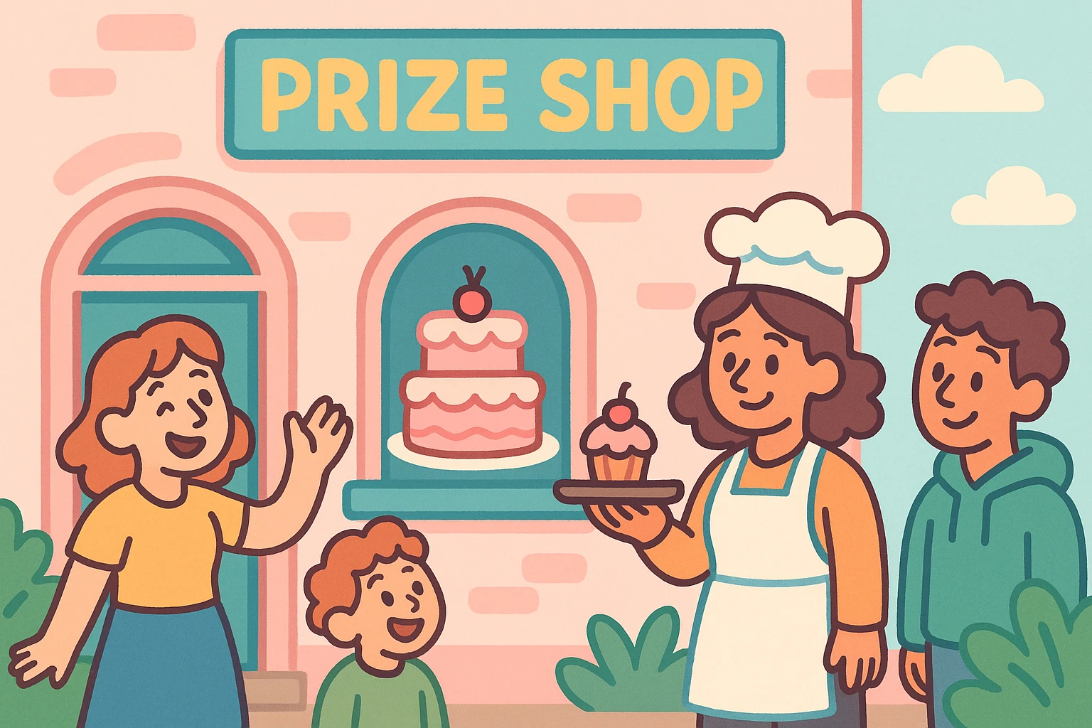 pastel pink cake bakery with a sign above the door that says 'Prize Shop', soft colors, inviting, whimsical, exterior view, pastel illustration style emoji