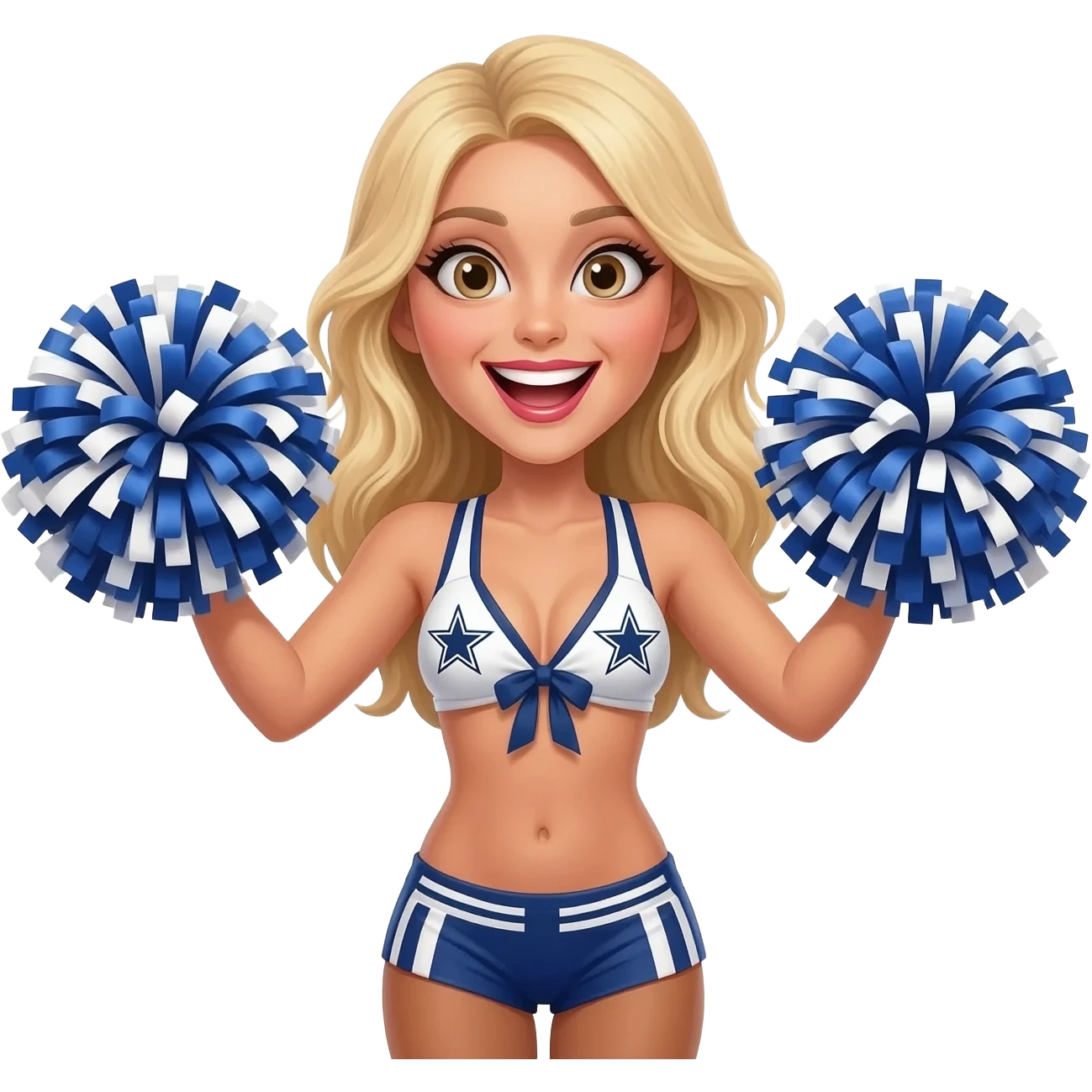 Dallas cowboys cheerleader blonde bikini top with white stripes on the edges, with 3 blue stars on each stripe, super exited waving hands with blue and white pompoms emoji
