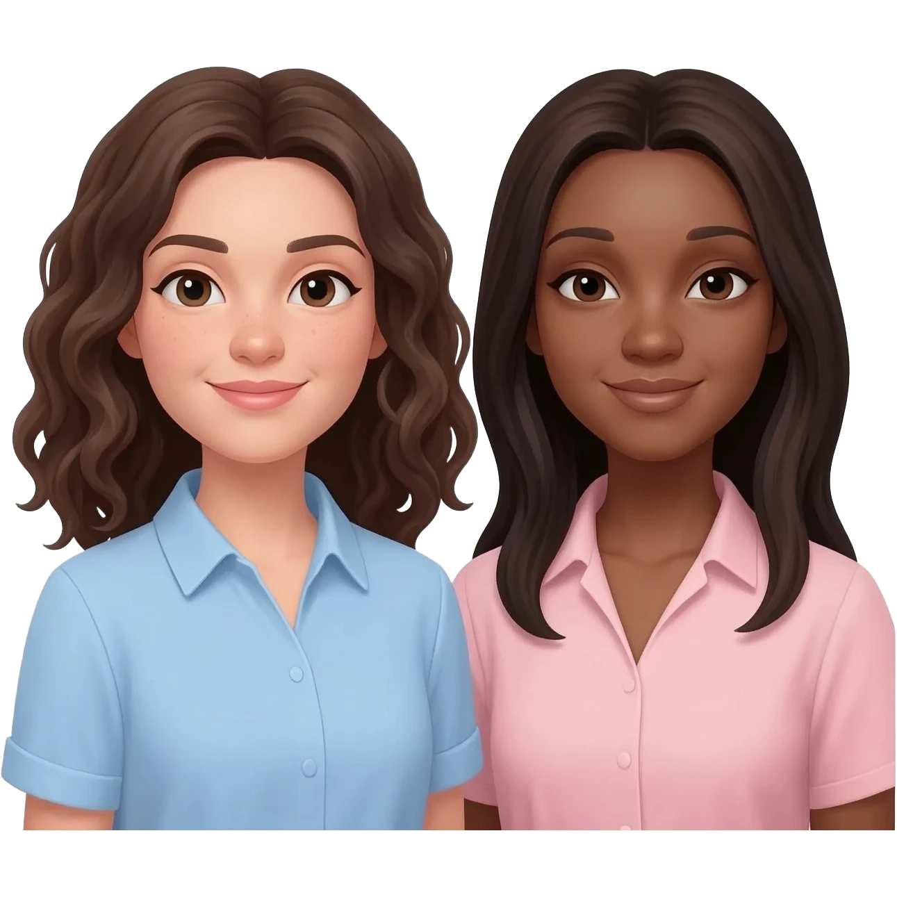 two friends one is white skin white brunette curly hair shoulder length and light blue shirt. Other friend is brown skin dark brown hair long light pink shirt emoji