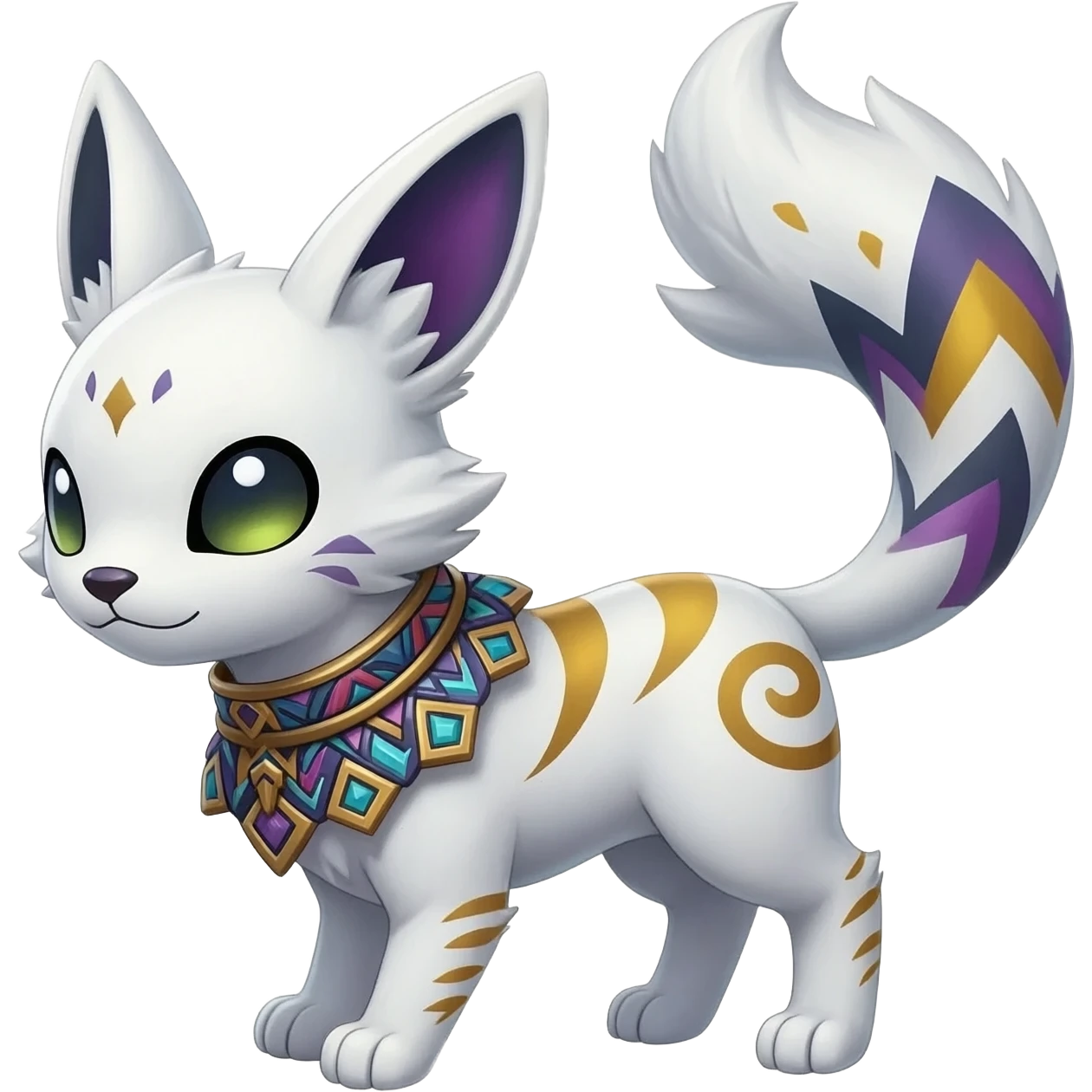 Rare epic white exotic cute epic aesthetic gothic colorful Salandit-Eevee-Civet-species-Fakemon-hybrid-creature, with a collar, and with intricate tribal markings, full body emoji