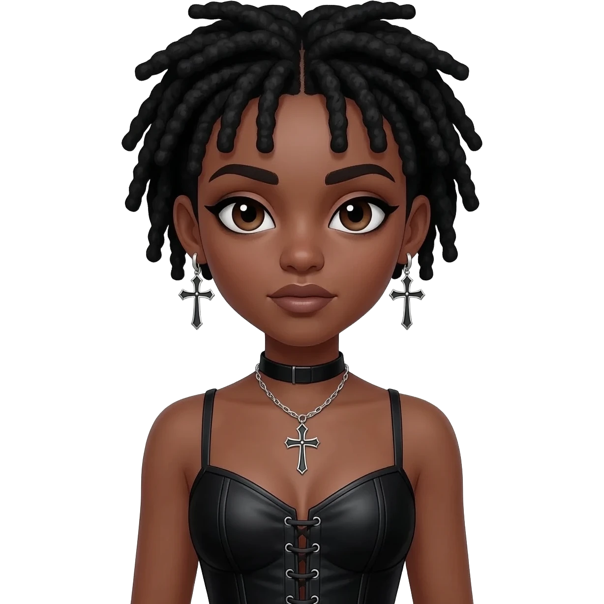 goth black girl with black corset, with brown skin, cross earrings, ankh necklace with center parted short black micro locs with bangs, whole white face paint emoji