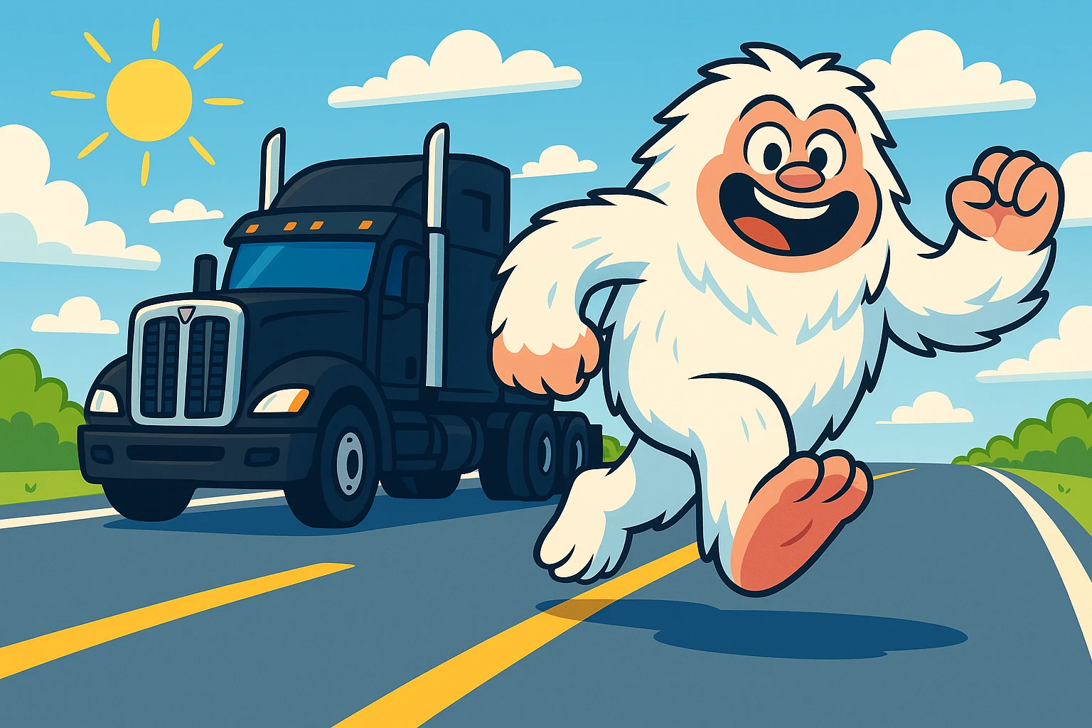 Rotate the black semi truck slightly to the right and show the entire scene from a farther distance, maintaining the composition of the semi chasing a small cartoonish abominable snowman on a bright highway. Keep the bright highway and cartoonish style consistent. emoji