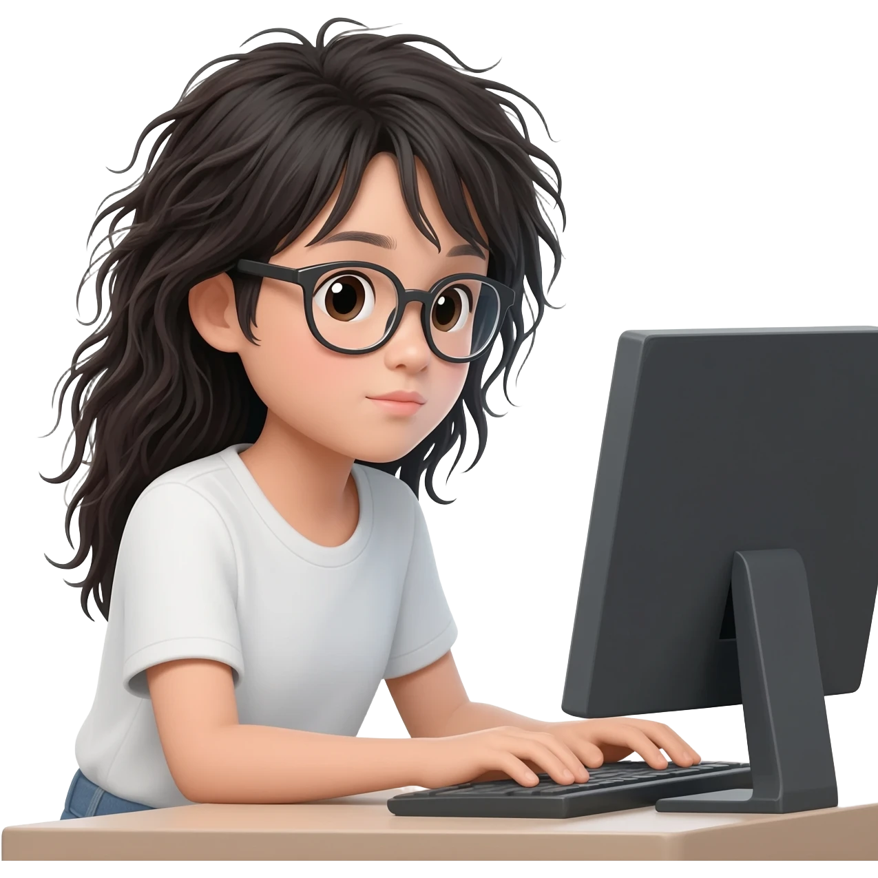 chinese girl with messy long  hair and glasses working from home  on PC half body and front view profile emoji