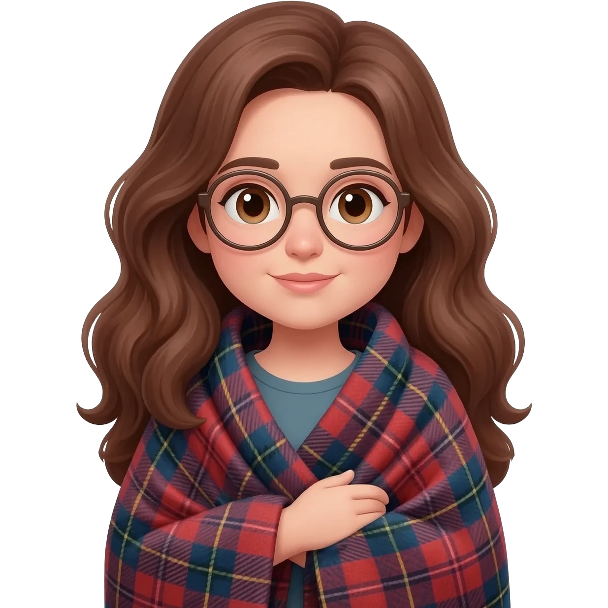 detailed emoji illustration of a curvy woman with long chestnut brown wavy hair, big light brown eyes and round glasses, wrapped in a cozy plaid blanket with Scottish tartan pattern, calm peaceful expression, cute emoji style emoji