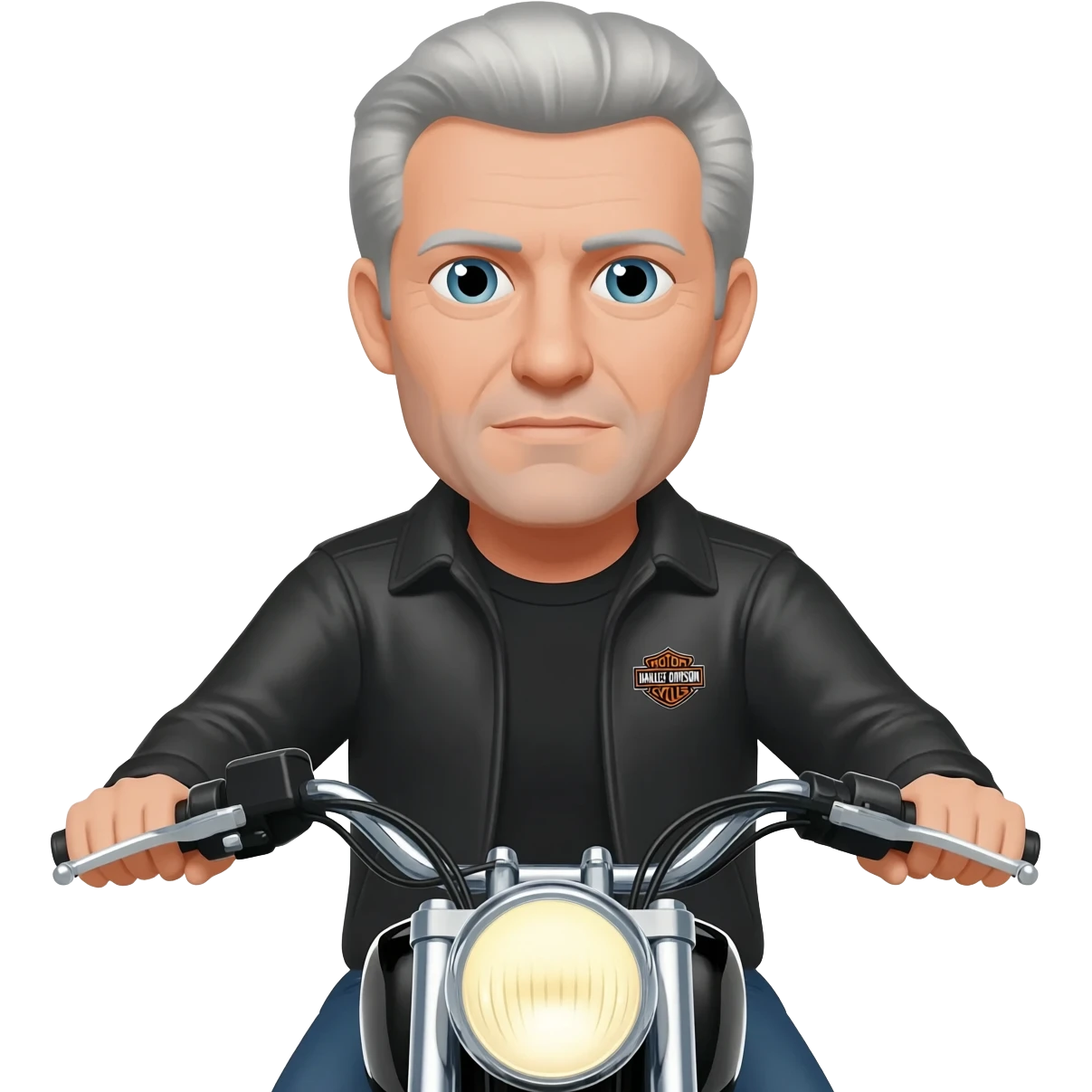 Black and Gray haired white guy riding Harley Davidson looking at camera emoji