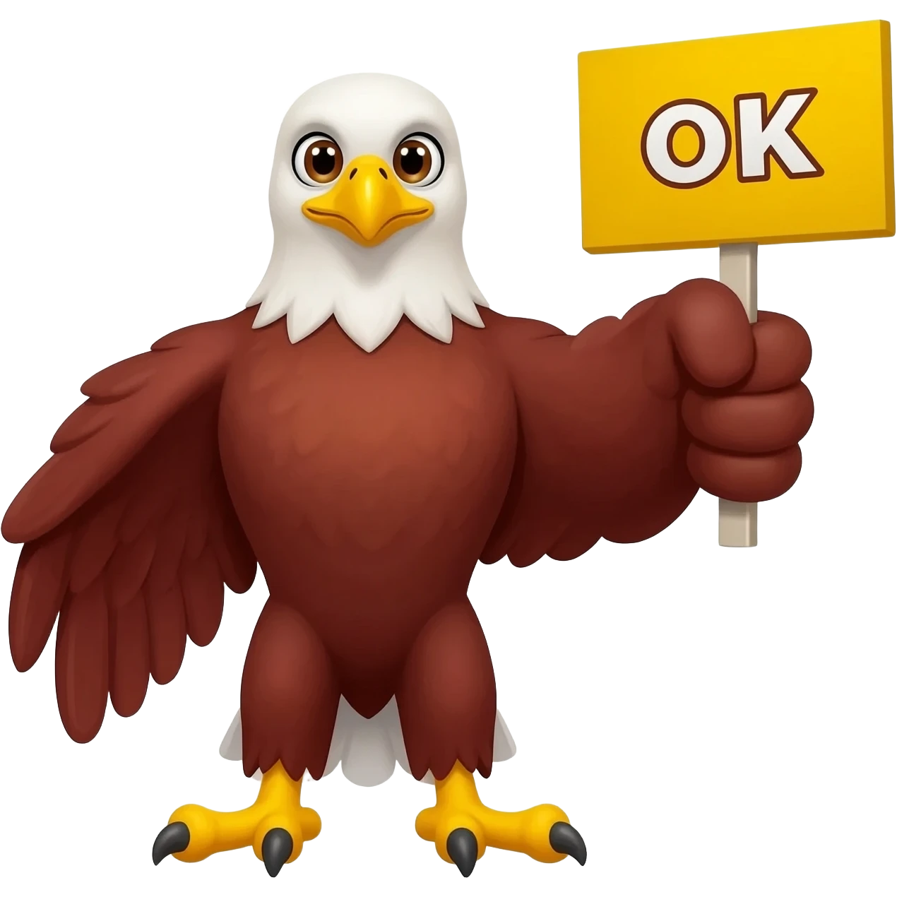 Cute round emoji showing a red eagle holding a yellow sign that says "OK", blue outline, white background, vector art. emoji