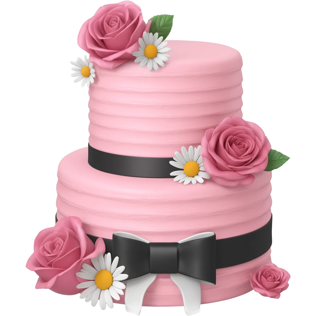 Pastel pink shaped birthday cake with black and white bows and flowers emoji
