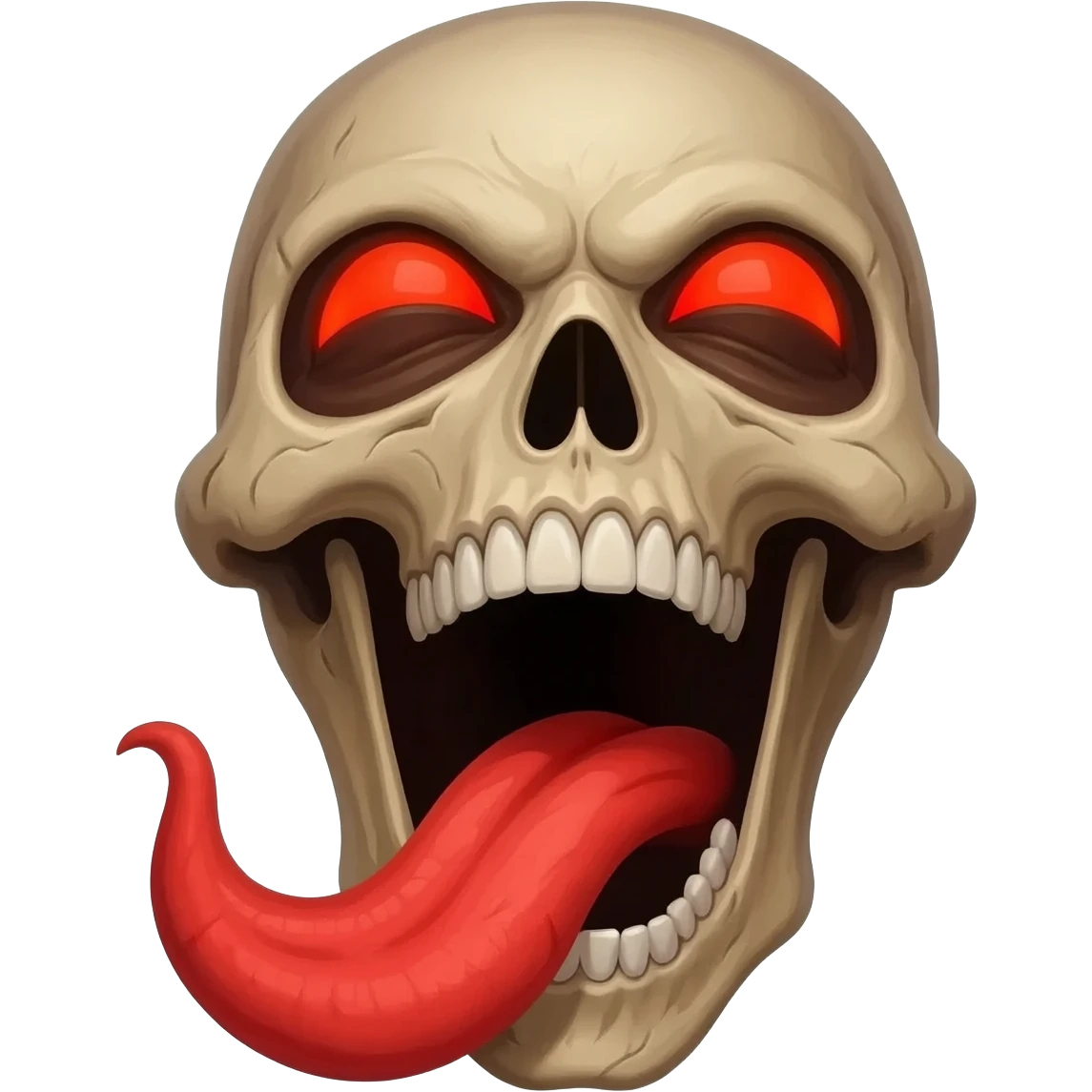 fiery evil skeleton with red glowing eyes and massive gaping mouth with extended long tongue laughing emoji