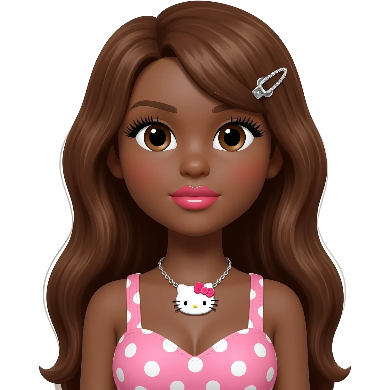 cute glossy lips, doll eyes with long lashes, dark brown skin, long brown hair, big chest, hello kitty necklace, one bow clip, pink and white polkadot tops emoji