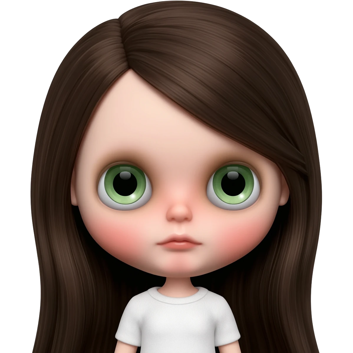 Blythe doll type emojiMake her hair longer Make her hair darker Make her hair a darker brown give her pale skin Maker more peach white pale Get rid of the rosiness in her cheeks and make her eyes green Make her eyes a lighter green make her eyes a sage green and make the pupils pitch black emoji