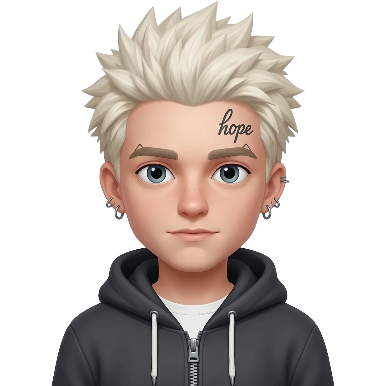 Create for me a boy wearing a zip-up hoodie showing his shirt underneath, with long, spiky platinum blonde hair, piercings, and the word "hope" tattooed on his eyebrow. emoji