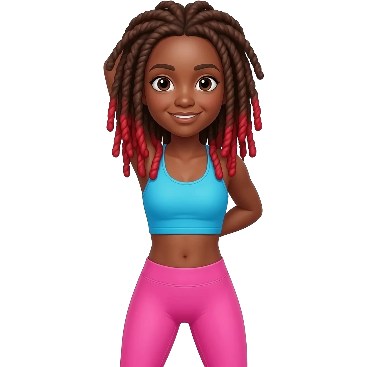 African American girl with long brown dreadlocks with red tips, pink workout leggings and a bright blue cropped top in a stretching pose emoji