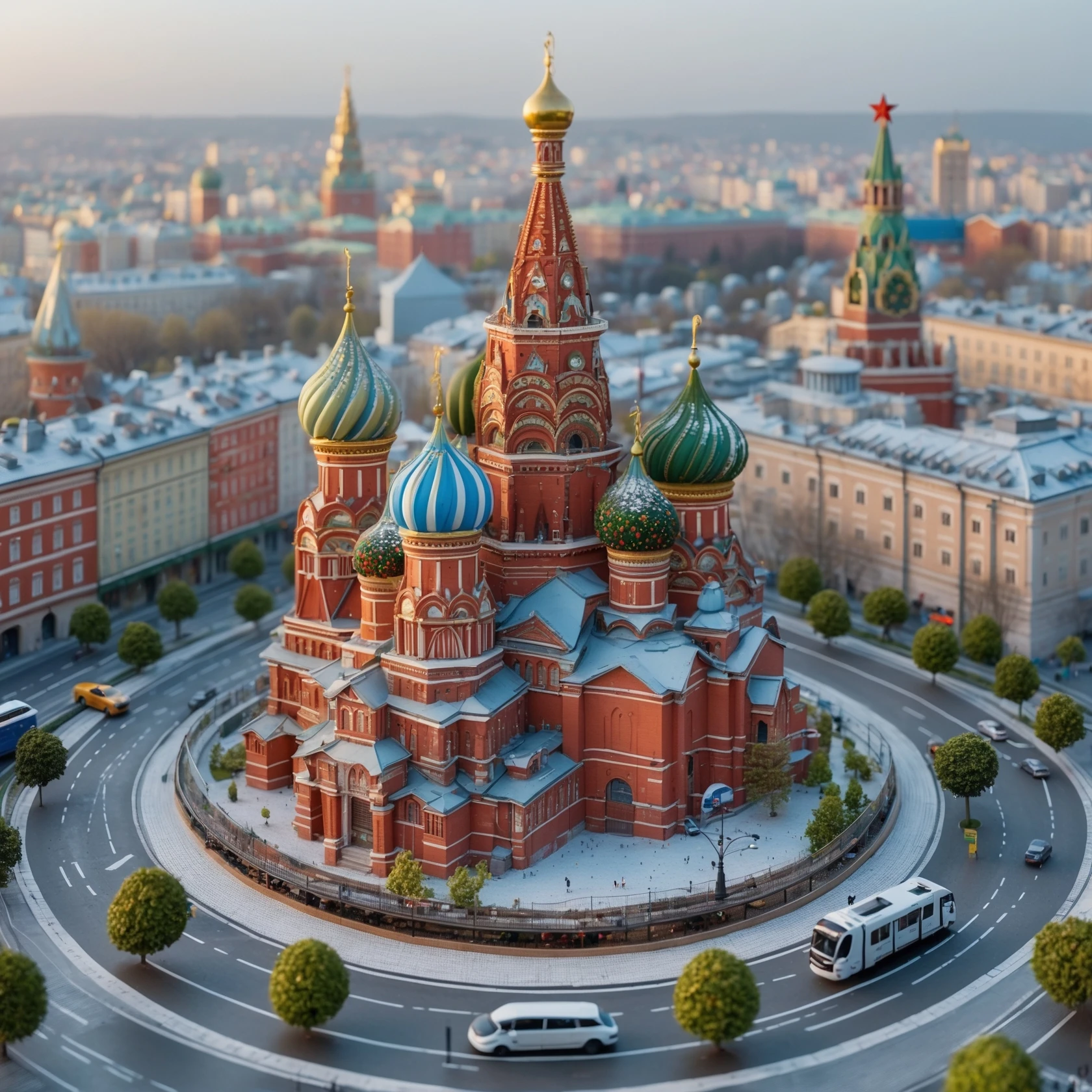 Изометричная миниатюрная 3D модель Москвы на подставке - фотореалистичный Кремль, собор Василия Блаженного, фотореалистичный Башни Москва-Сити, аккуратная детализация, яркие цвета, мультяшный реализм, гуляют люди и современный автотранспорт и метро, компактная композиция, вид сверху в изометрии emoji