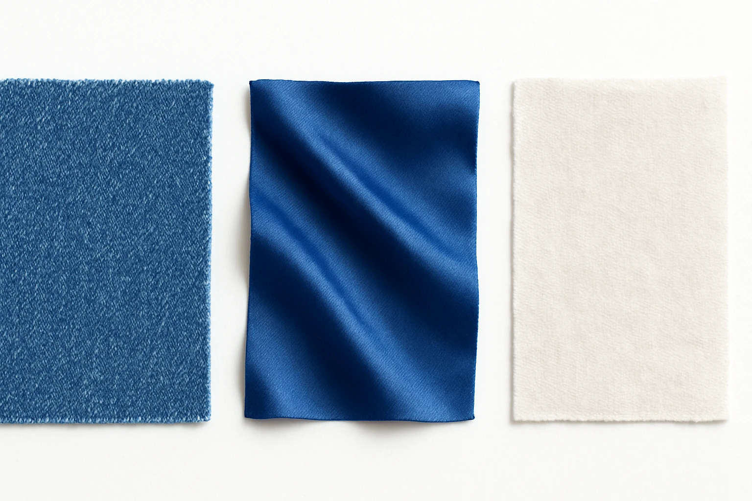 Сгенерируй мне аккуратный, но не квадратный, кусок джинсовой ткани, на чисто белом фоне. И чтобы было три разных ткани, допусти одна джинсовая, вторая шелк, третия хлопок. 

 emoji