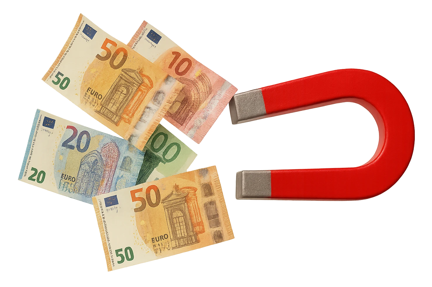 banconote di euro fluttuano vicino ad una calamita rossa, sono attratte, iperrealistico 4k emoji