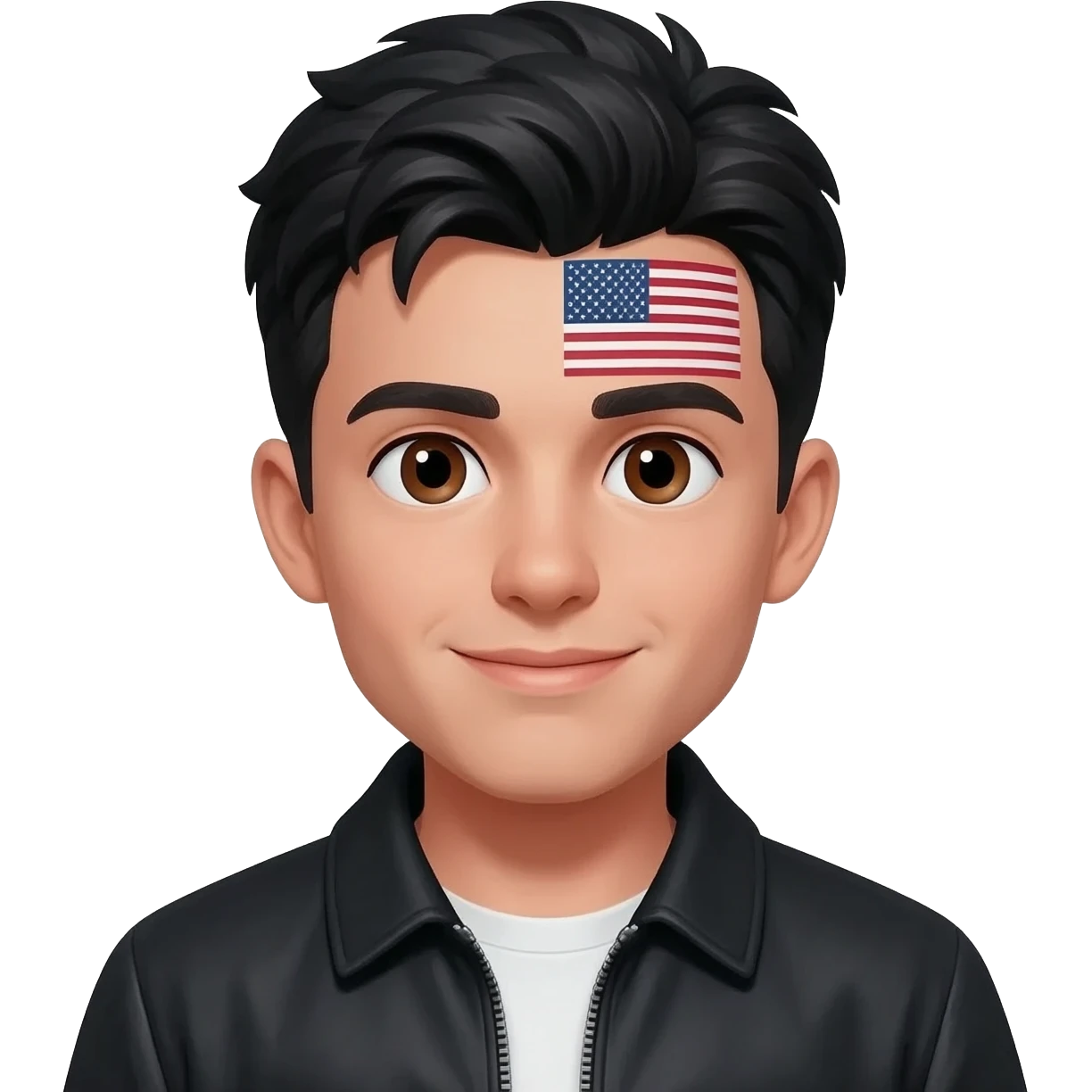 лицо молодого парня с черными волосами и карими глазами с американским флагом на лбу в черной кофте и добрым взглядом emoji