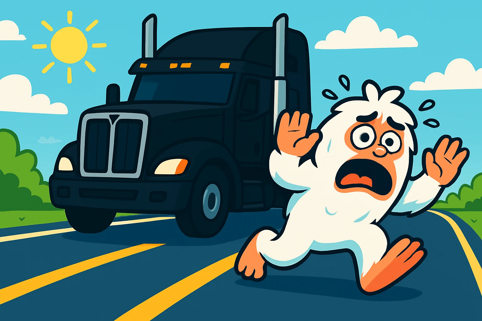 Move the black semi truck behind the small, scared abominable snowman while keeping the highway, distant view, and 45-degree angle of the semi intact. Maintain the overall composition and perspective as in the original image. emoji