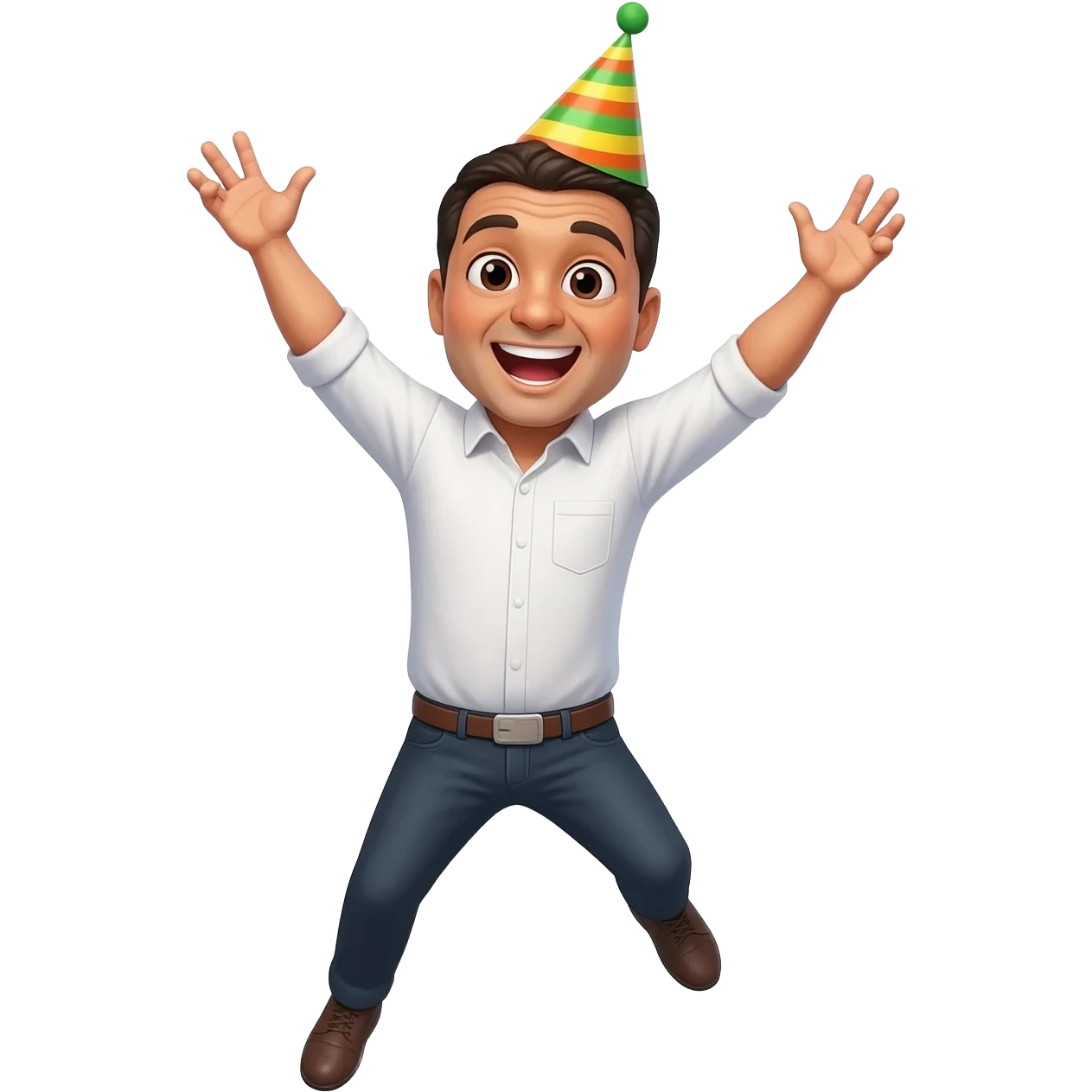 mexican man wearing birthday party hat with his arms up, jumping in the air excited with the caption, “happy birthday amigo!!!” emoji