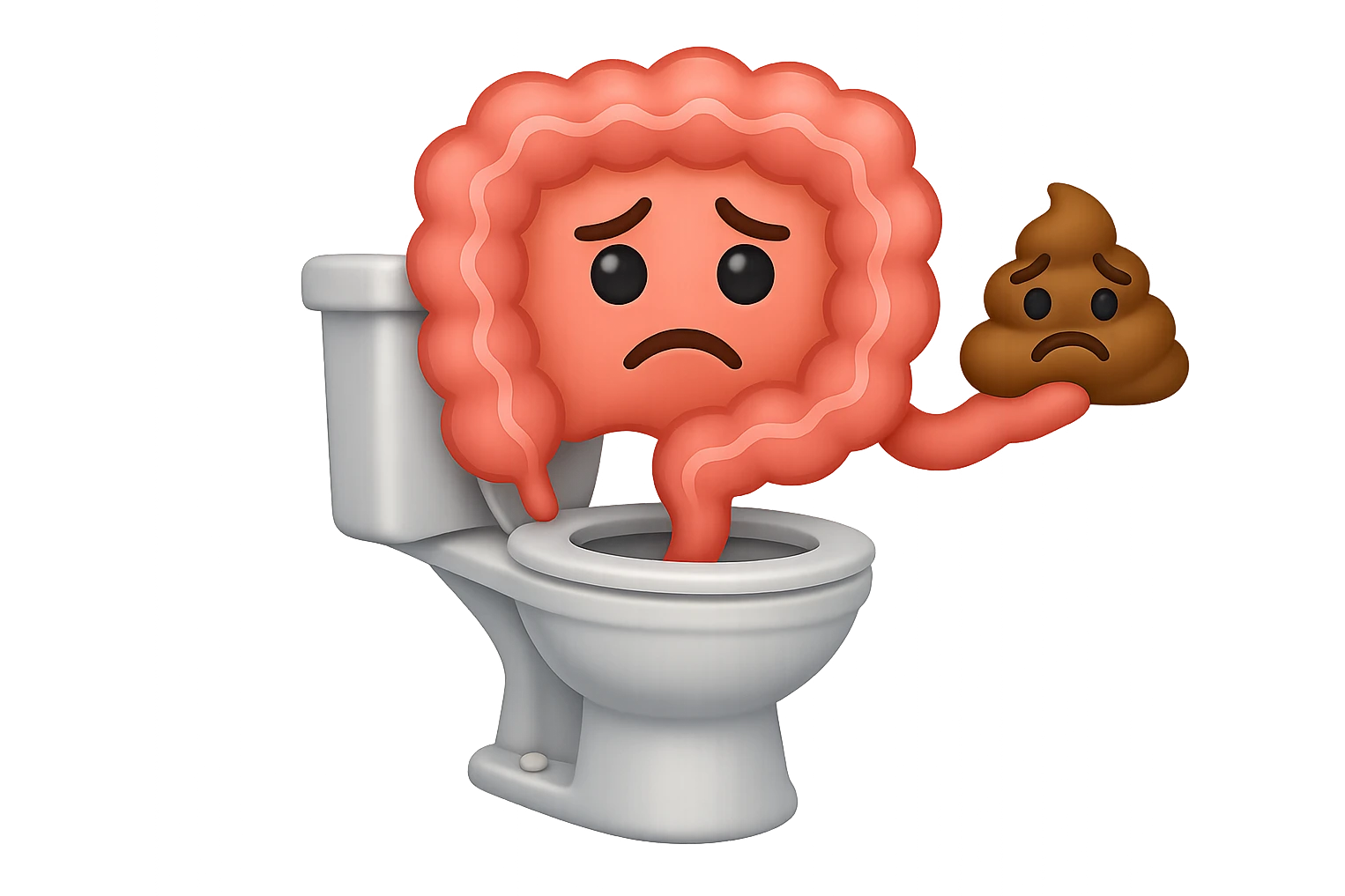 emoji stile iphone di un intestino che esce dal wc con in mano una montagnetta di feci con espressione triste a palline emoji