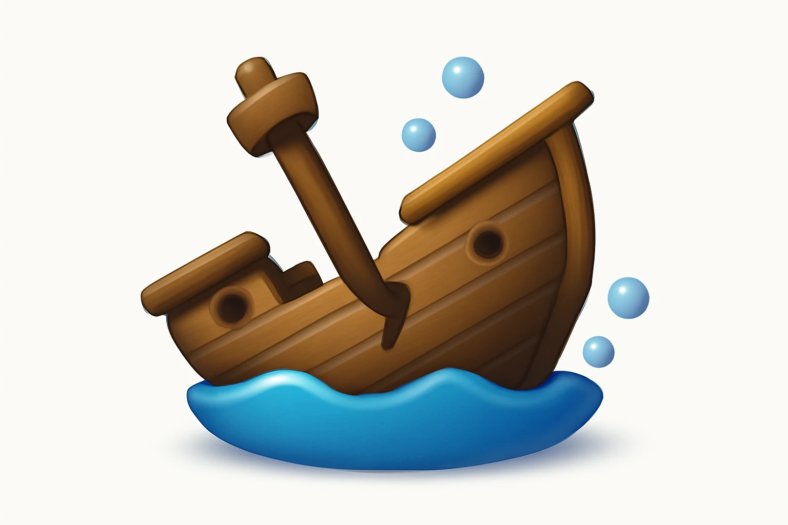 3D iPhone style emoji of a sunken ship, partly underwater, tilted and broken wooden structure, subtle bubbles around, isolated on white background, soft shadows, high detail, playful and cute. emoji