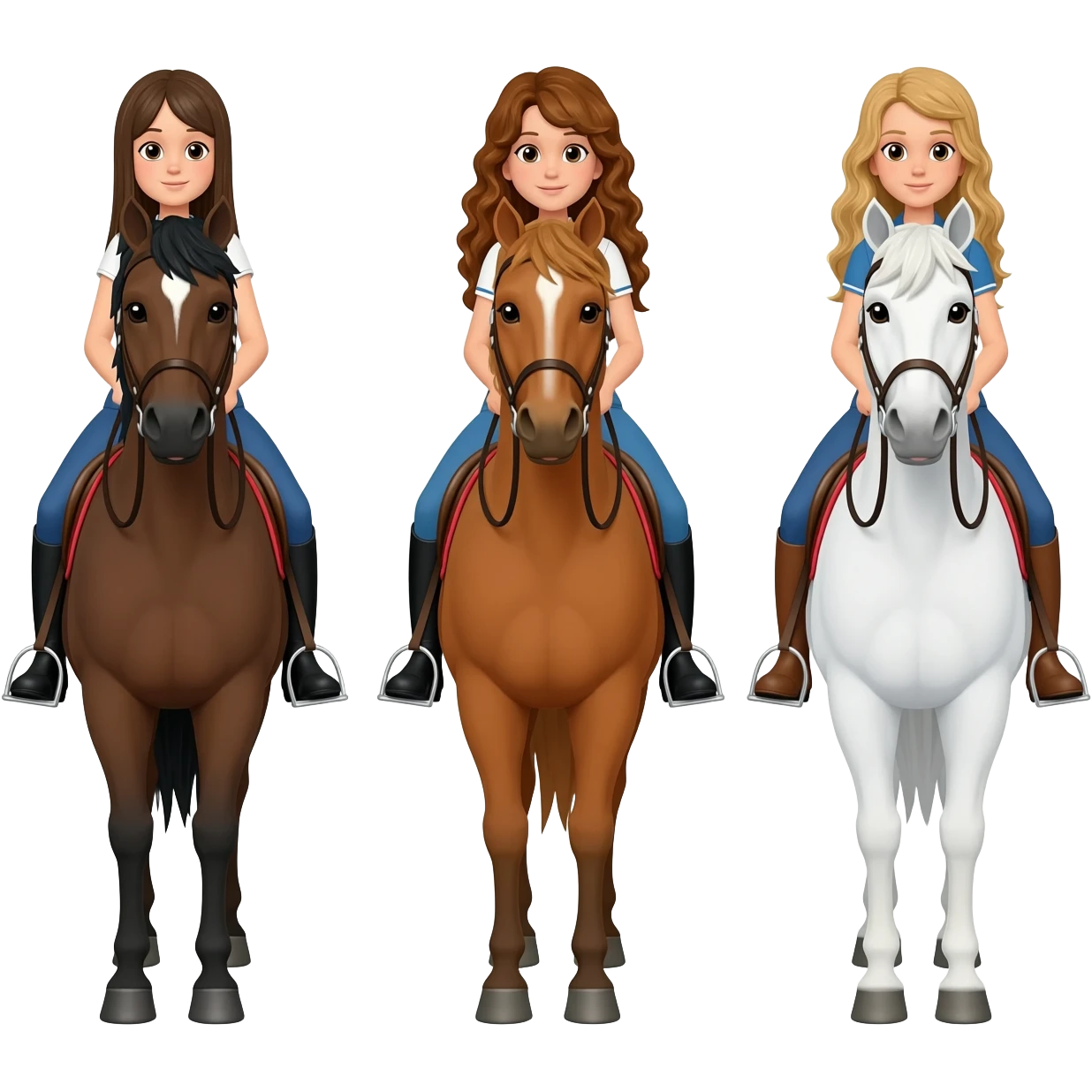 Three horses white bay and sorrel with three riders on the bay horse a girl with dark straight hair on the sorrel horse a girl with wavy brown hair and on the white horse a girl with sandy hair emoji
