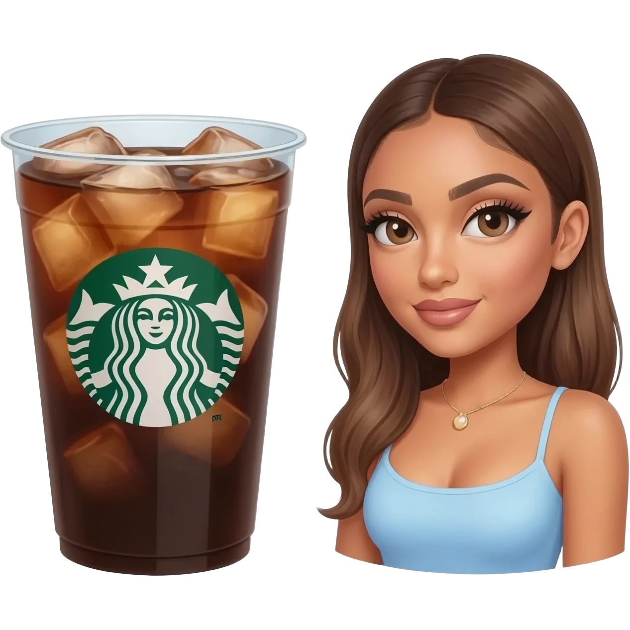 a cup of ice Starbucks Americano, ariana grande is on the logo emoji