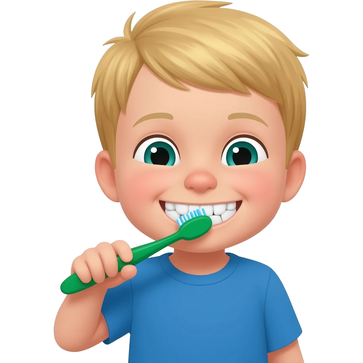 Use the same 3 year old blonde boy with green-blueish as before eyes happy brushing his teeth with a green toothbrush with a blue tshirt on emoji