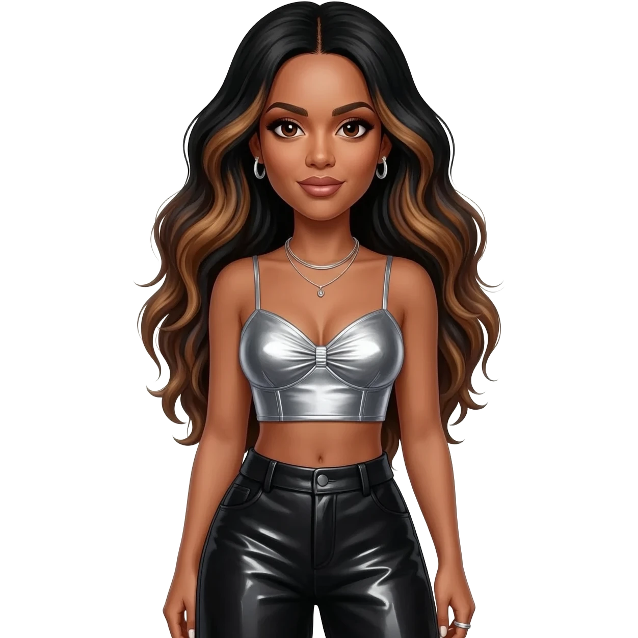 Aaliyah with long black hair with brown highlights, silver metallic mermaid crop top, black metallic wide leg pants, silver necklace and earrings emoji