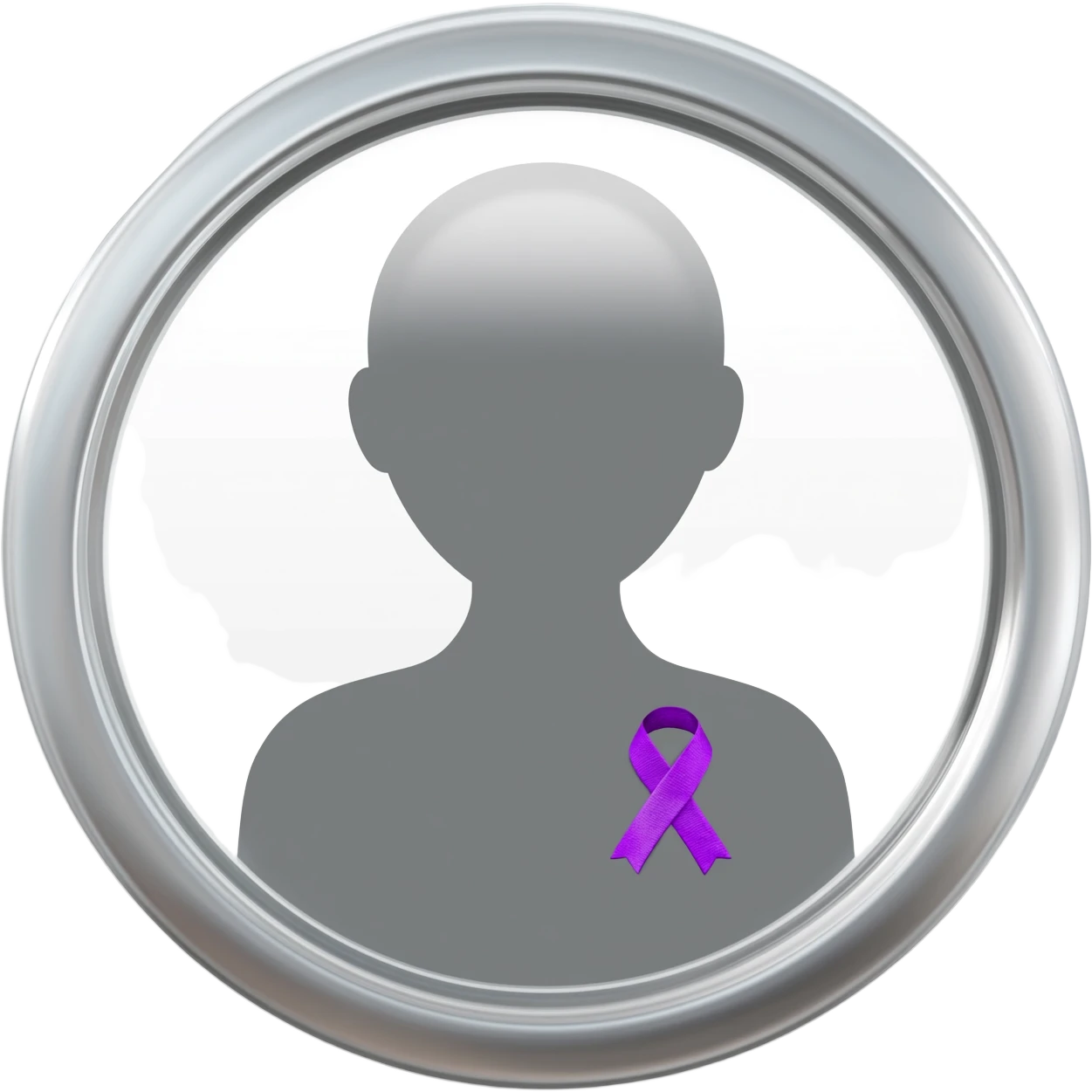 Apple iOS–style 3D emoji: round silver mirror, front view. In reflection, neutral silhouette with little violet awareness ribbon (classic looped cause-support ribbon) on chest, only visible in reflection. White background, soft shadow. emoji