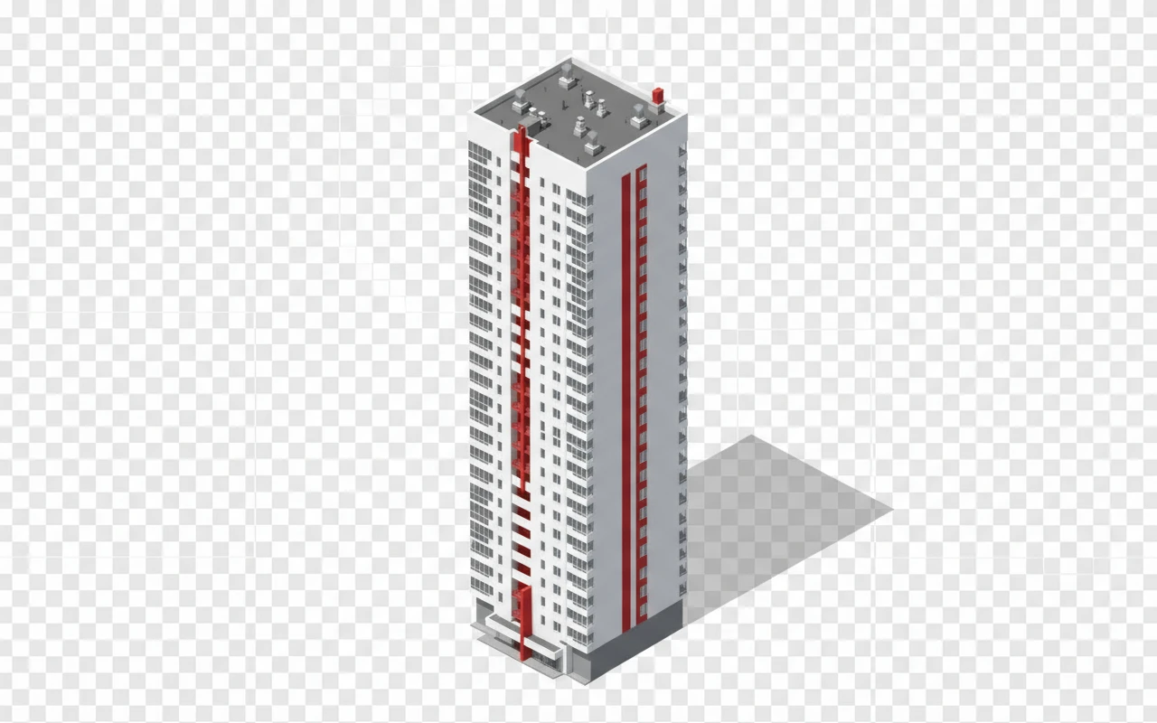 Изометричная, яркая, детализированная, объемная и фотореалистичная иллюстрация одной башни Манхэттен-2 в Челябинске. Чёткие контуры, не размазанные линии, высокое качество, прозрачный фон, не обрезать края картинки emoji