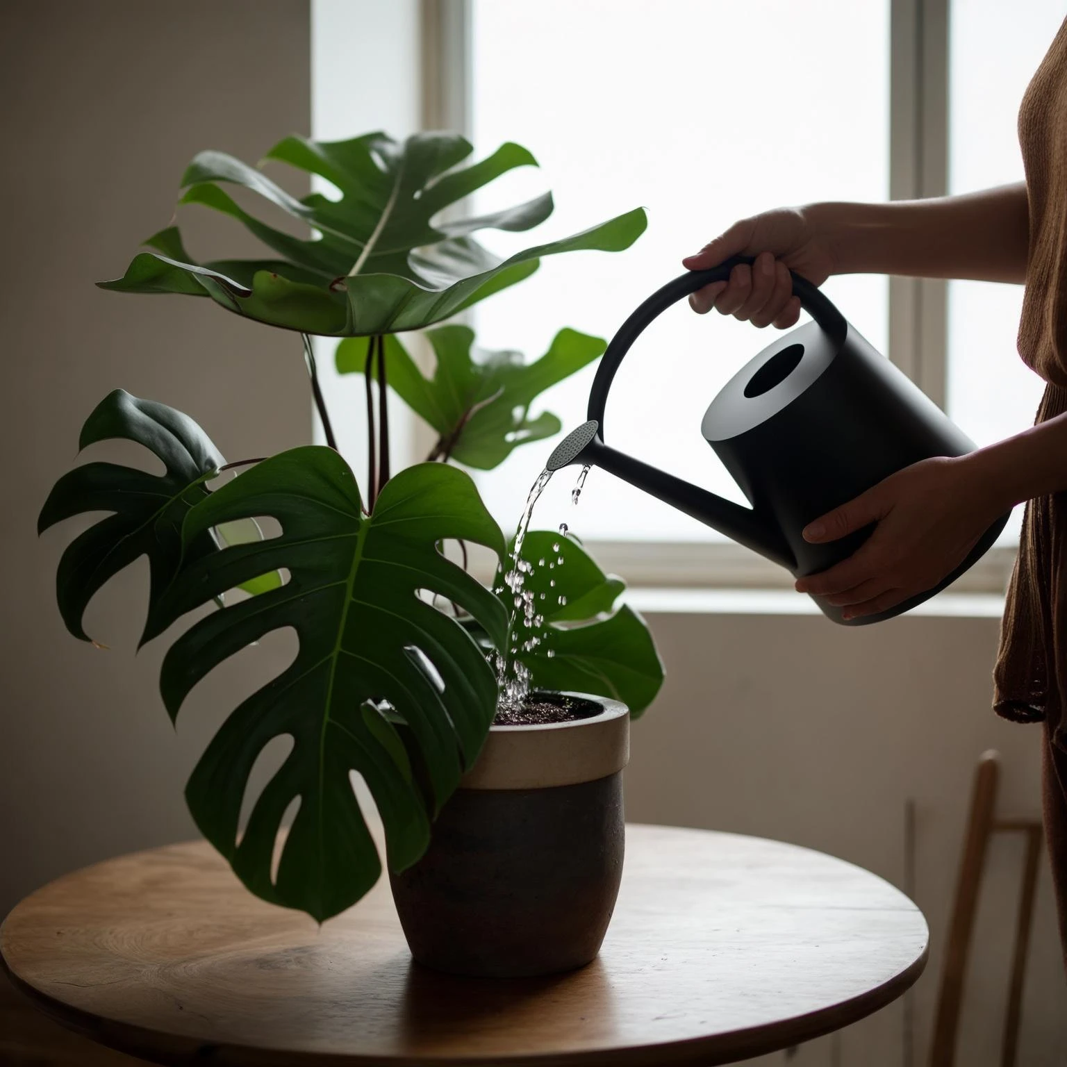 woman watering her monstera plant emoji