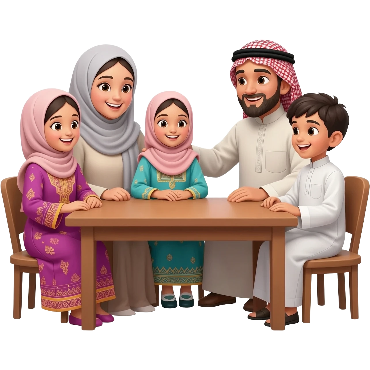 islamic family sitting on table; mother wearing without hijab; father with beard and islamic clothes; little girls  hijab and one little boy; kids wearing traditional clothes and talking happily to each other emoji