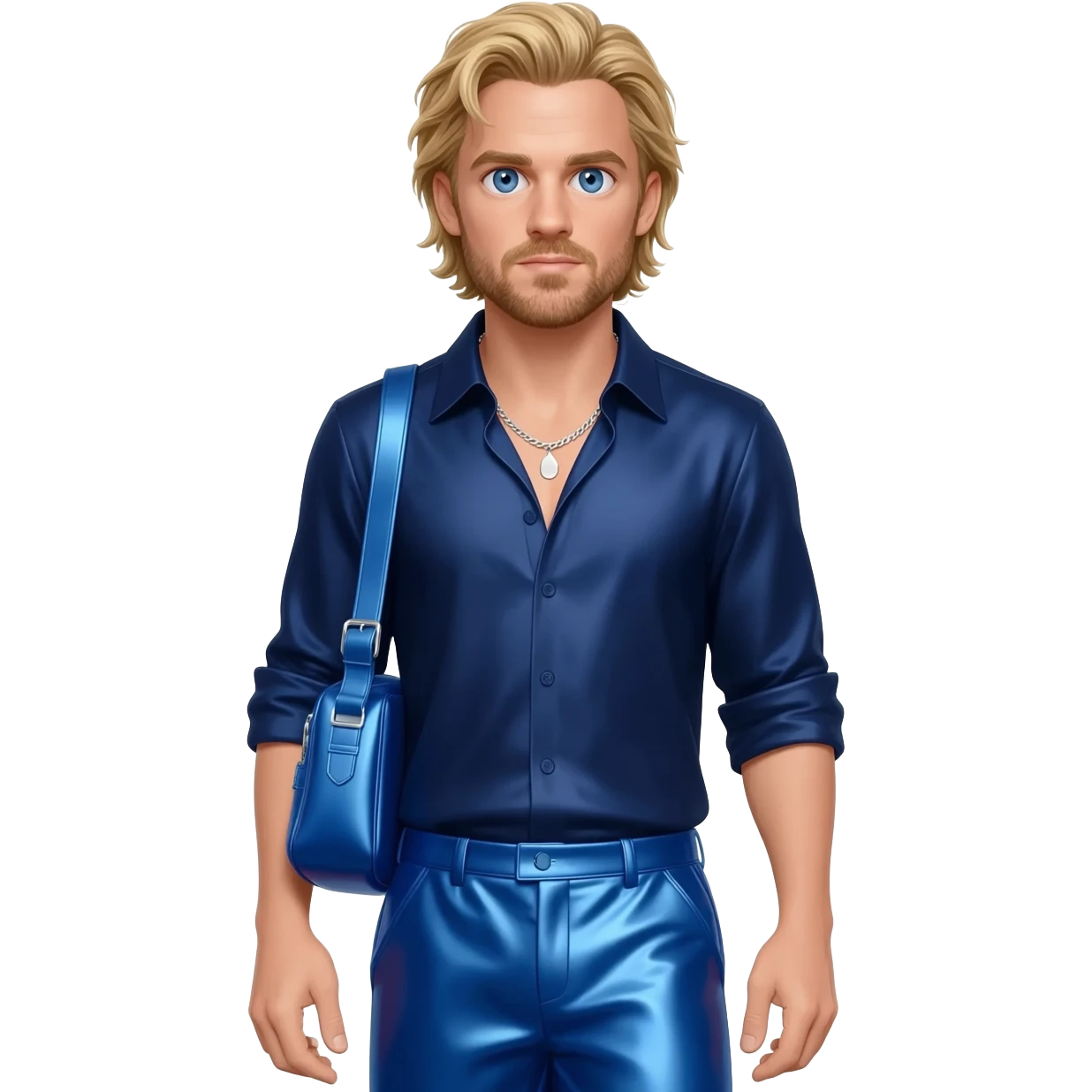 Chris Evans with blue eyes, long blonde hair, navy blue metallic shirt, cobalt blue metallic baggy pants, silver necklace emoji
