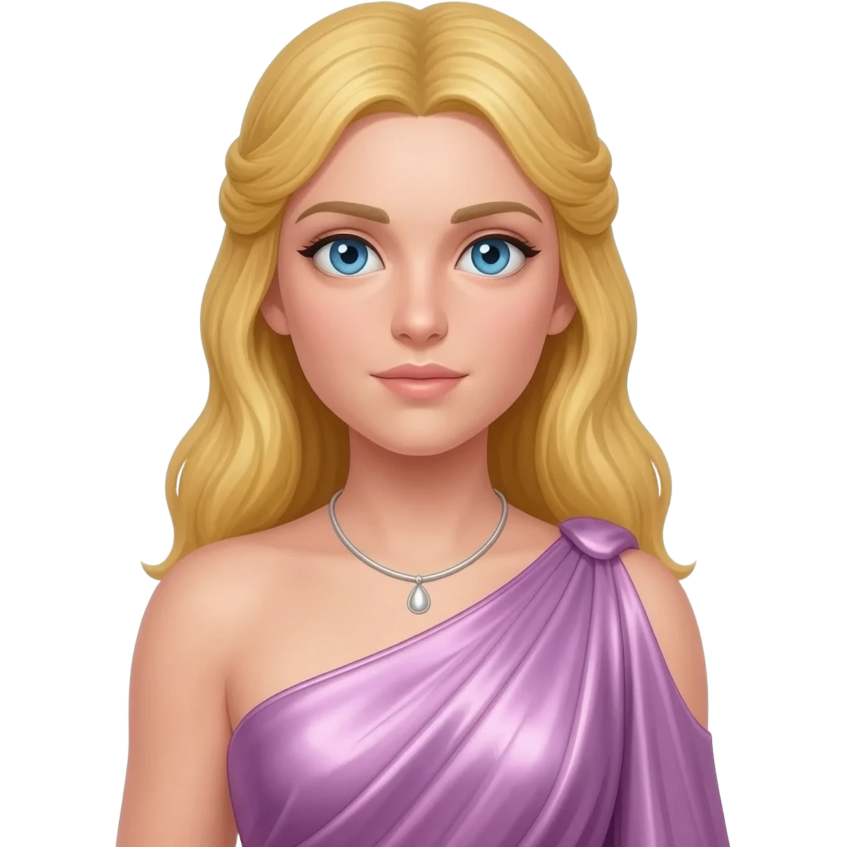 Aphrodite from Greek Mythology with blue eyes, long golden blonde hair, lavender pink metallic one shoulder long dress, silver necklace emoji