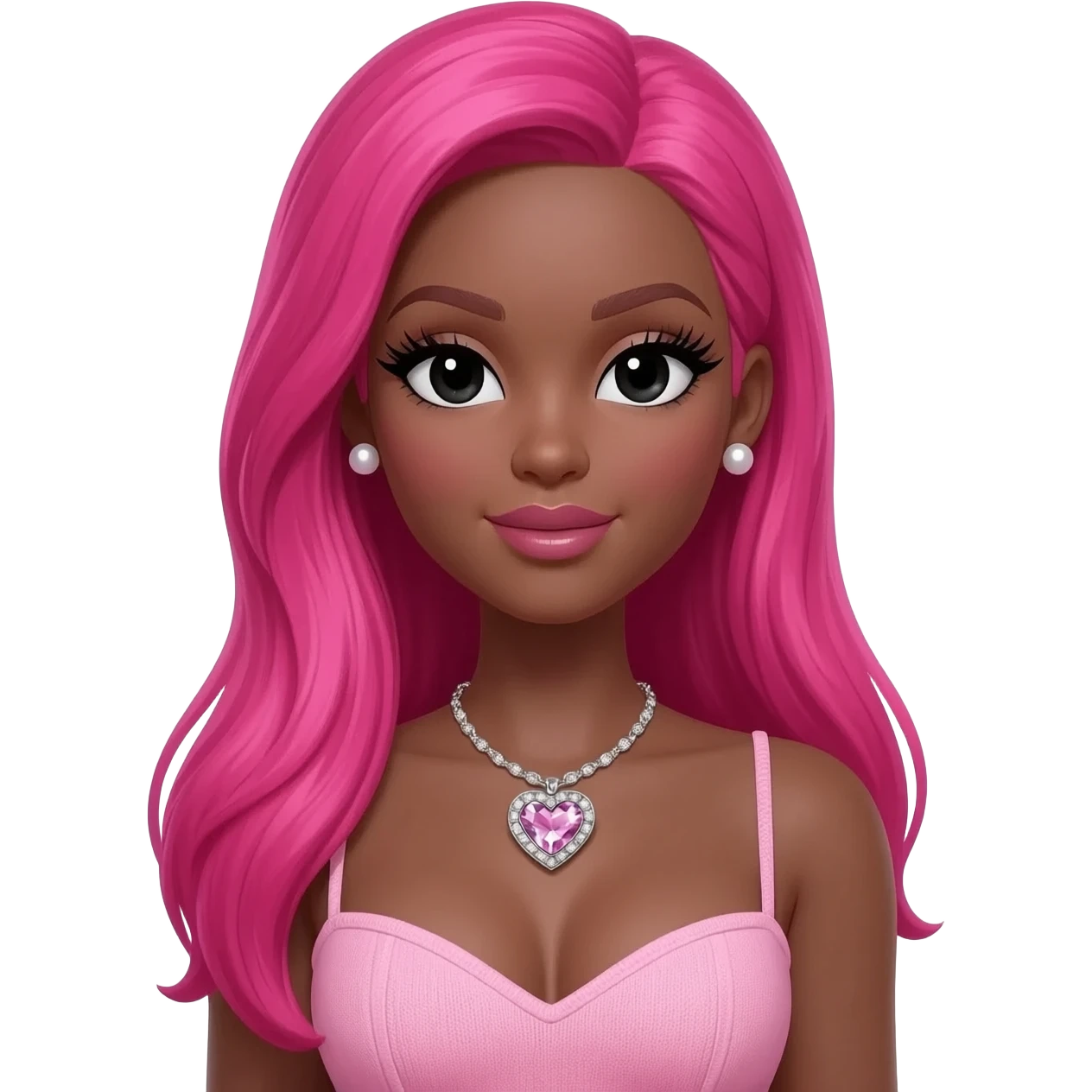 pearl earrings stud, Long giant lashes, Doll faced shaped,swarovski heart with Rhodium plated necklace, bimbo, black doll eyes, barbie, dark brown skin, with long hot pink hair, light pink, big breast emoji