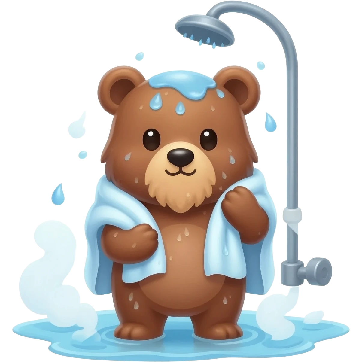 Cute bear eith beard coming out of the shower with towe and water drops on him emoji
