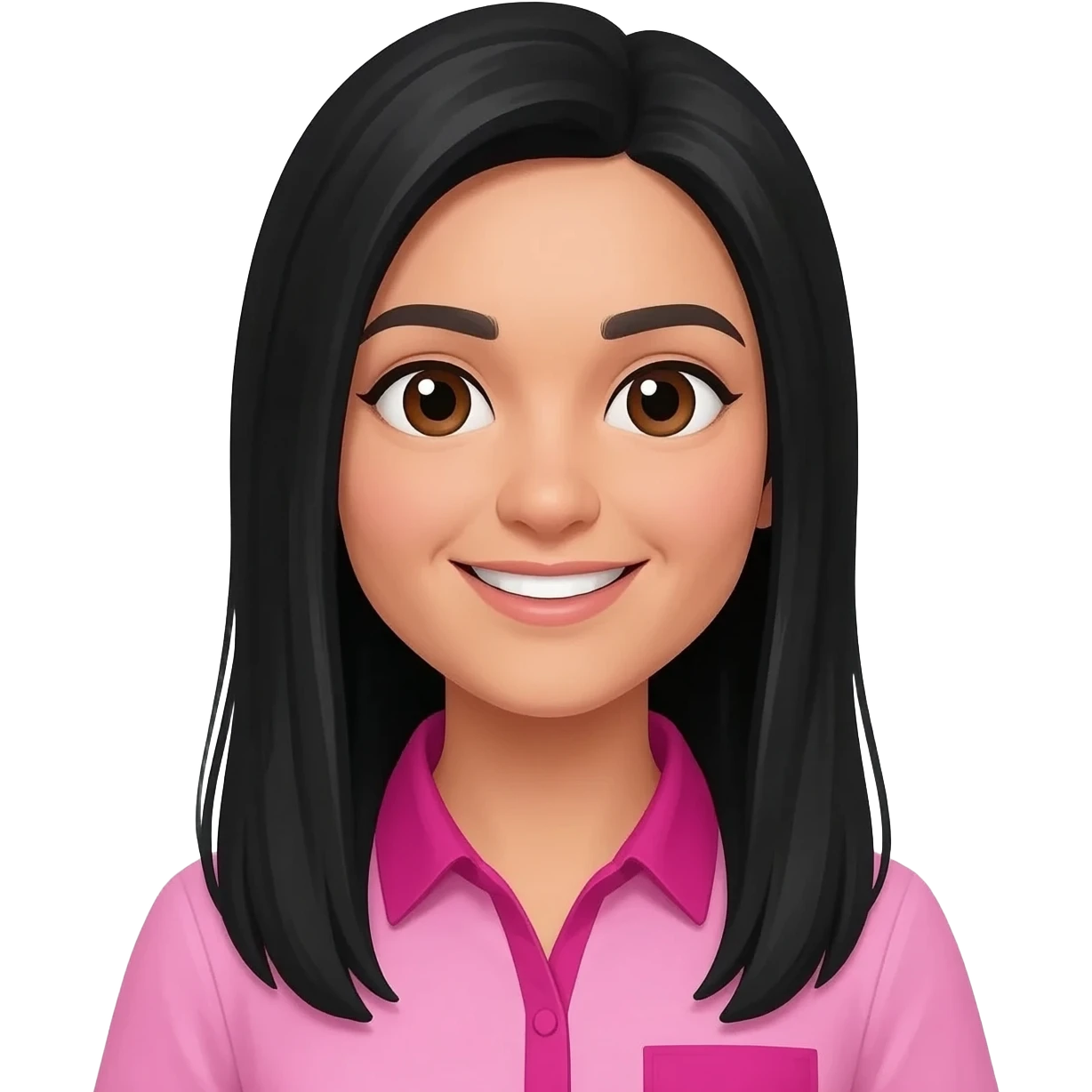 una mujer pelo liso negro  largo sin lentes  amigable ojos cafe polera rosada fuccsia emoji