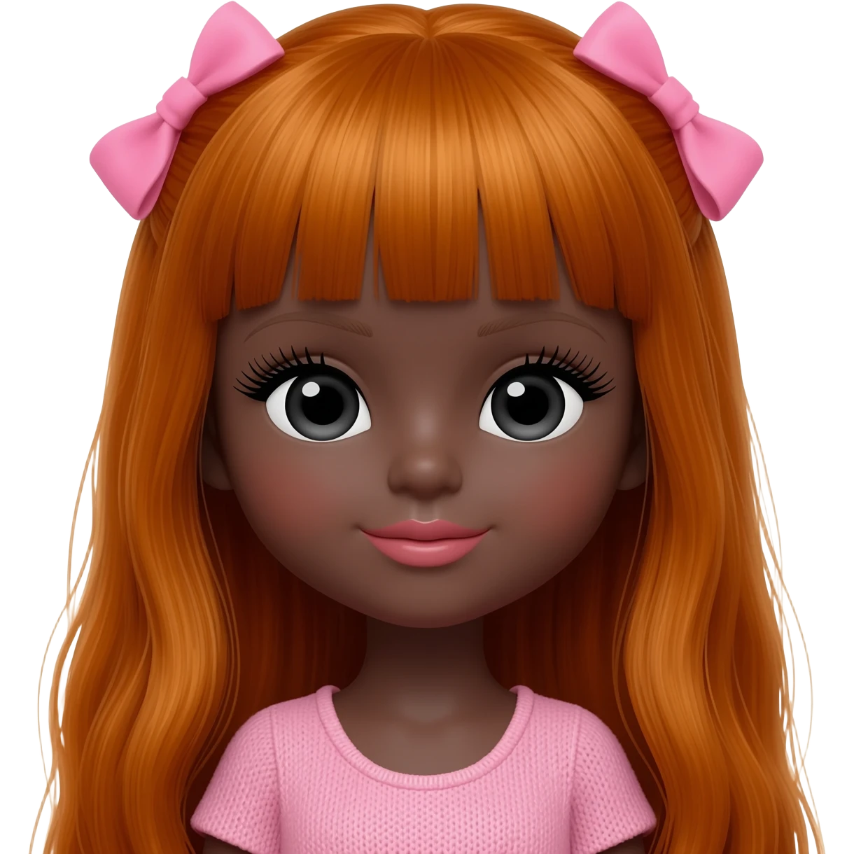 bimbo Doll with darkbrown skin with long ginger hair with pink bows, lashes, cute lips emoji