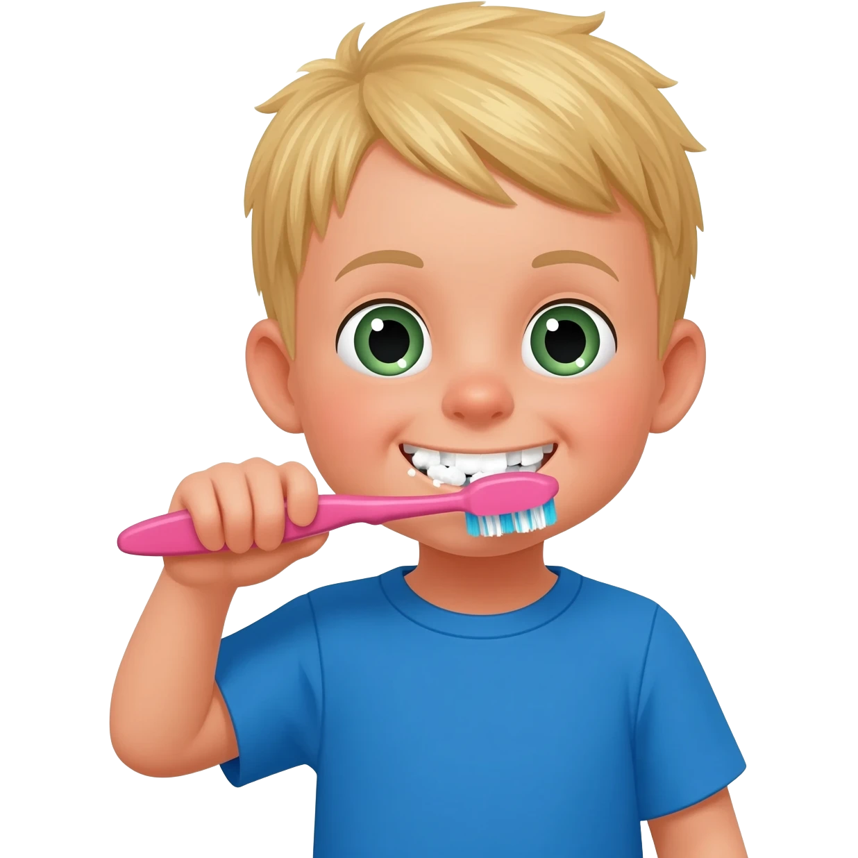 Use the same 3 year old blonde boy with green-blueish as before eyes happy brushing his teeth with a blue tshirt on emoji