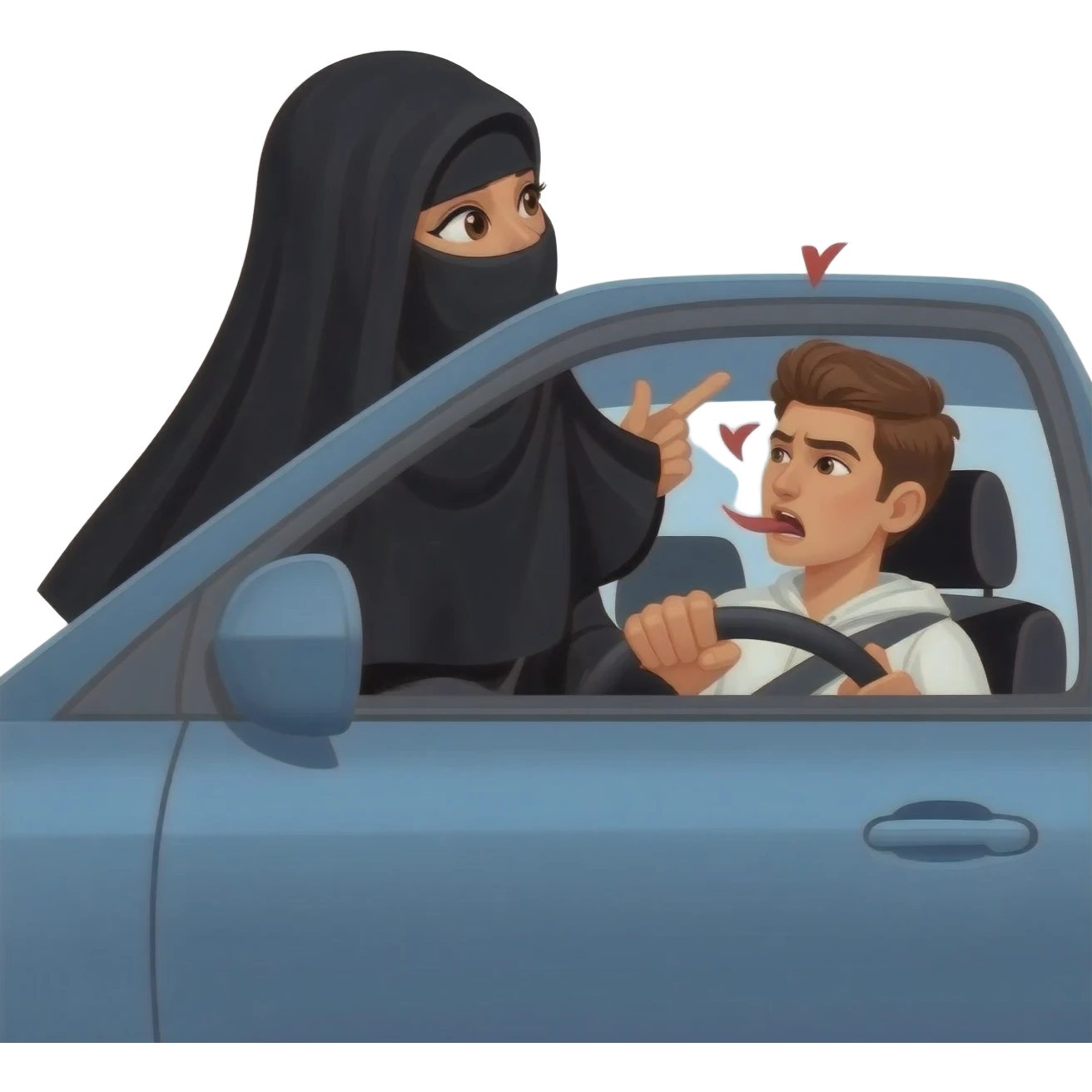 une grosse femme dominatrice avec burca noir qui baise et insulte un jeune homme conducteur dans la voiture emoji