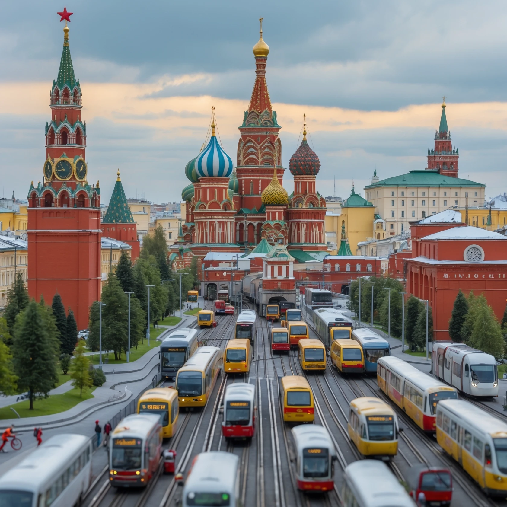 Изометричная миниатюрная 3D модель Москвы на подставке - фотореалистичный Кремль, собор Василия Блаженного, фотореалистичный Башни Москва-Сити, аккуратная детализация, яркие цвета, мультяшный реализм, гуляют люди и современный автотранспорт и метро, компактная композиция, вид сверху в изометрии emoji