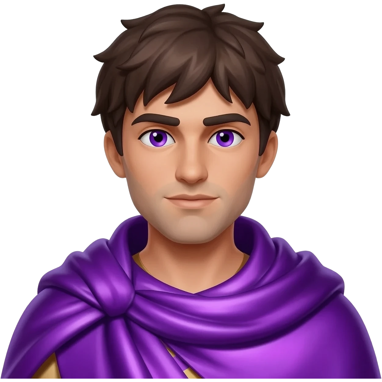 Liber from Roman Mythology with purple eyes, dark brown hair, purple metallic cloak emoji