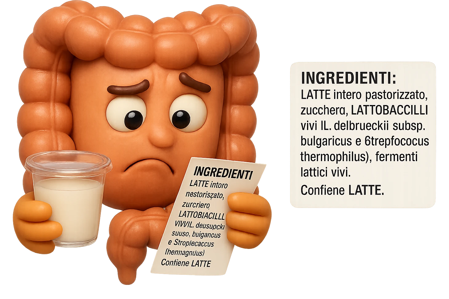 SU QUESTO STILE FAI UN EMOJI STILE IPHONE 3D DI UN INTESTINO CHE HA IN MANO UN BARATTOLO DI YOGURT CONFEZIONATO DA SUPERMERCATO E LEGGE L'ETICHETTA NUTRIZIONALE CON GLI INGREDIENTI IN ITALIANO, ACCANTO ALLO YOGURT CHE HA IN MANO C'è UN FOCUS SULL'ETICHETTA CON GLI INGREDIENTI SCRITTI, FAGLI UN ESPRESSIONE CONFUSA MENTRE LEGGE E FALLO MOLTO REALISTICO IN 3D emoji