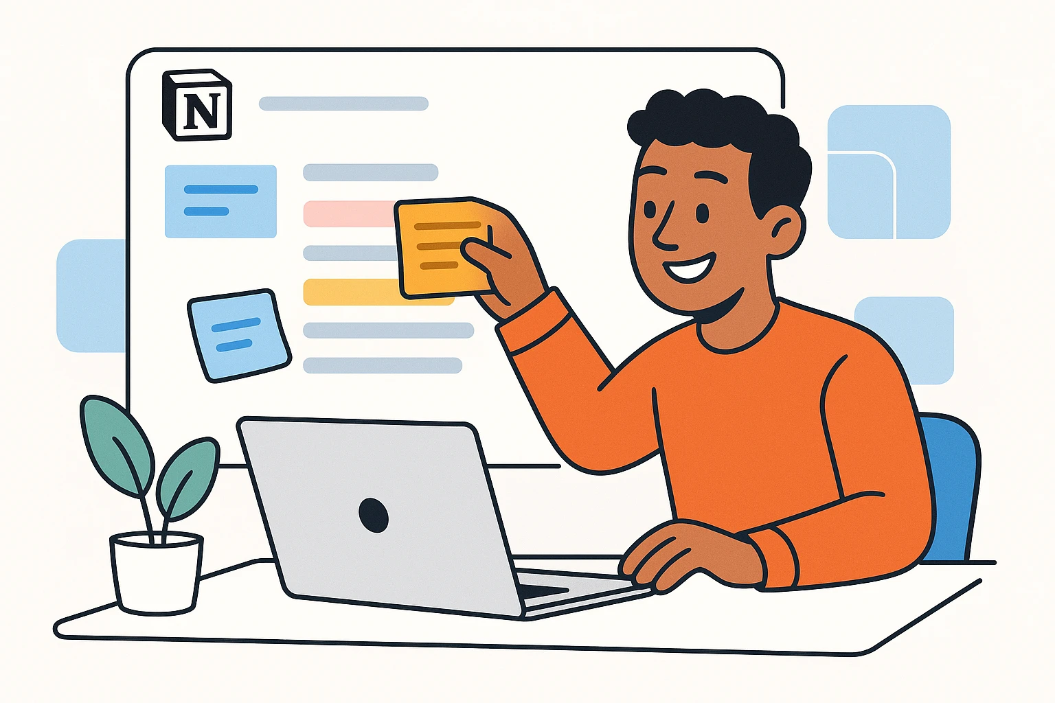 a cheerful man organizing notes in Notion, minimal, clean, techy emoji