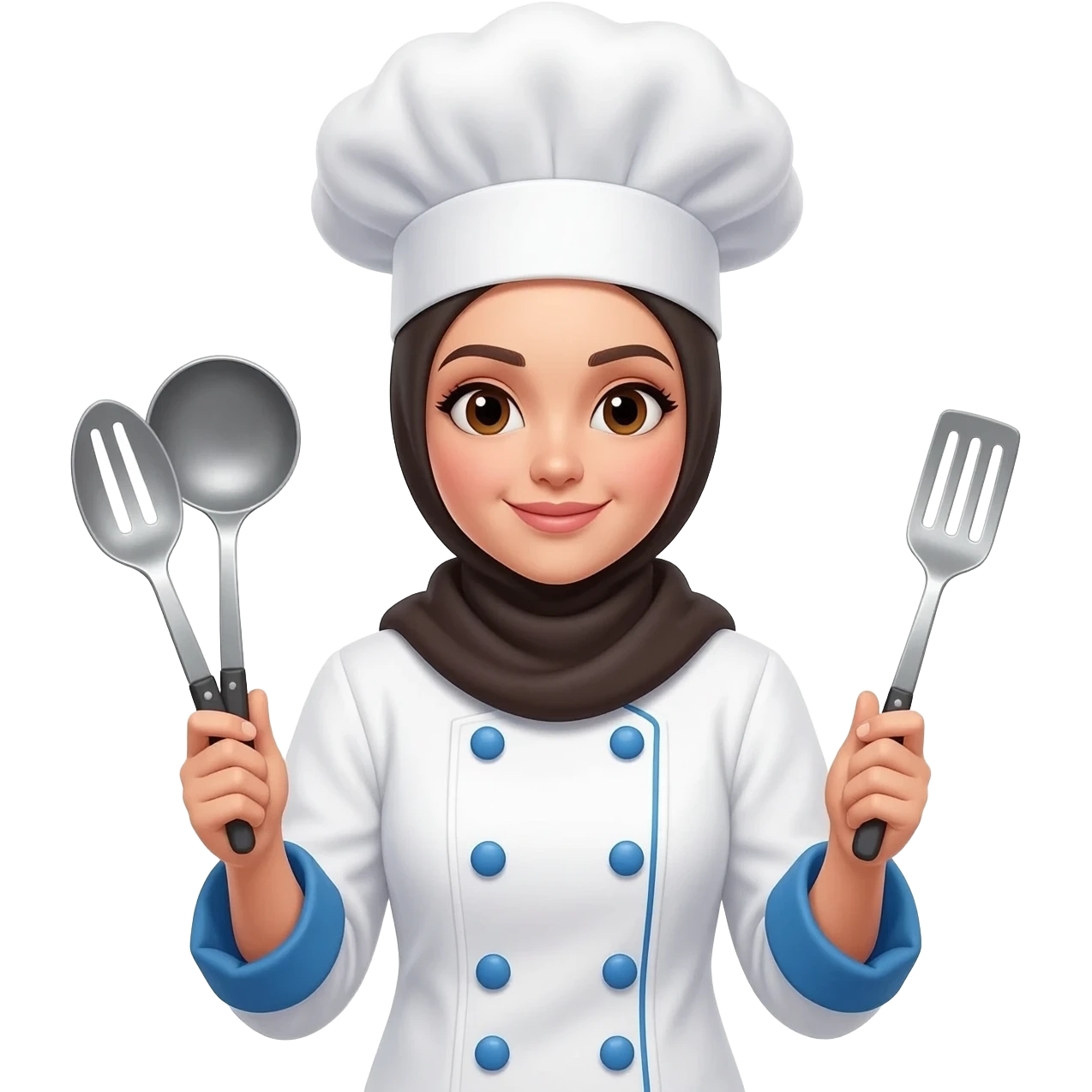 wanita koki dengan baju chef putih, kancing biru, menggunakan hijab yang menutup kepala dan leher, topi chef putih, membawa alat masak dengan latar belakang putih emoji
